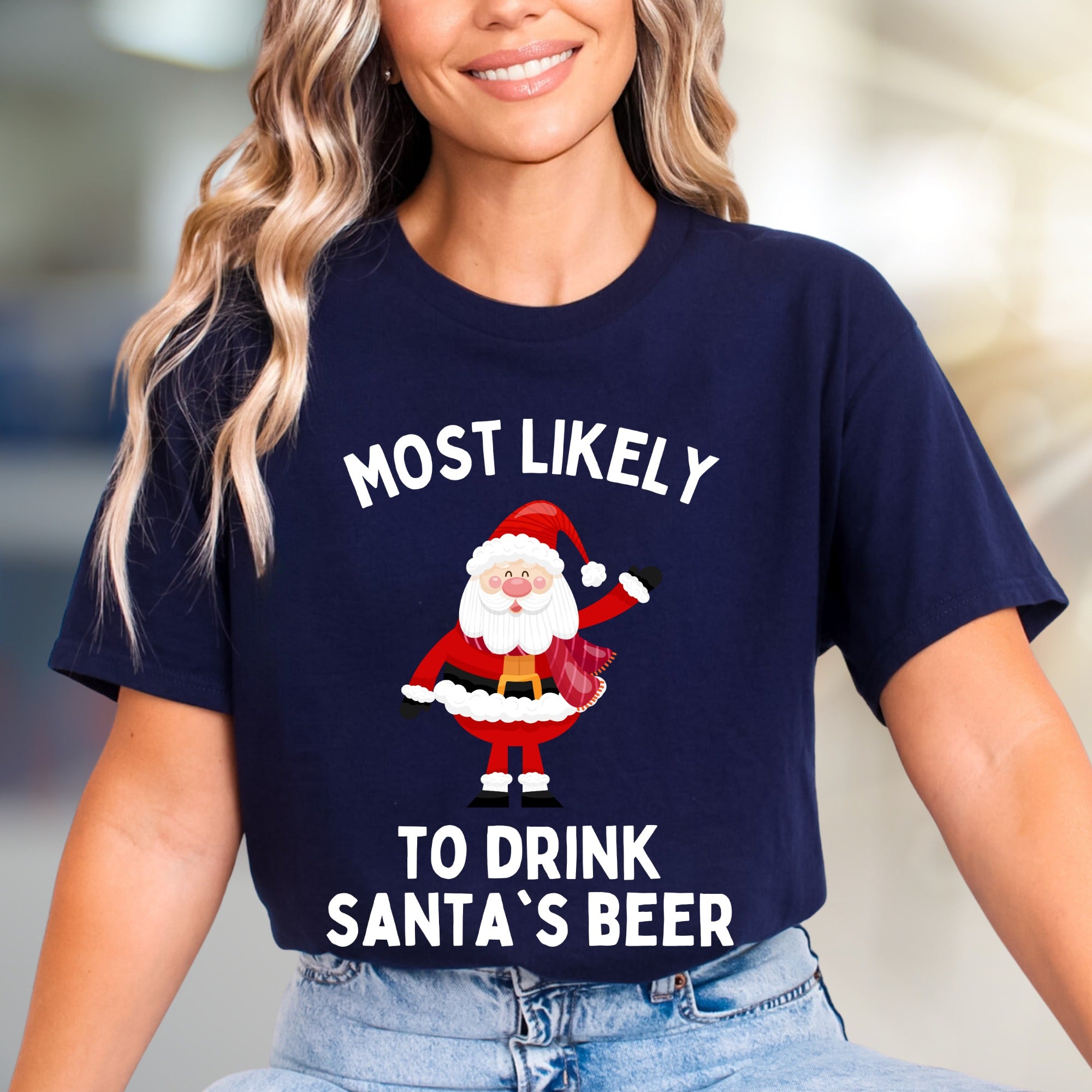 Most Likely To Drink Santa's Beer Funny Christmas Graphic Tee, a Holiday Humor Pick for Festive Adults