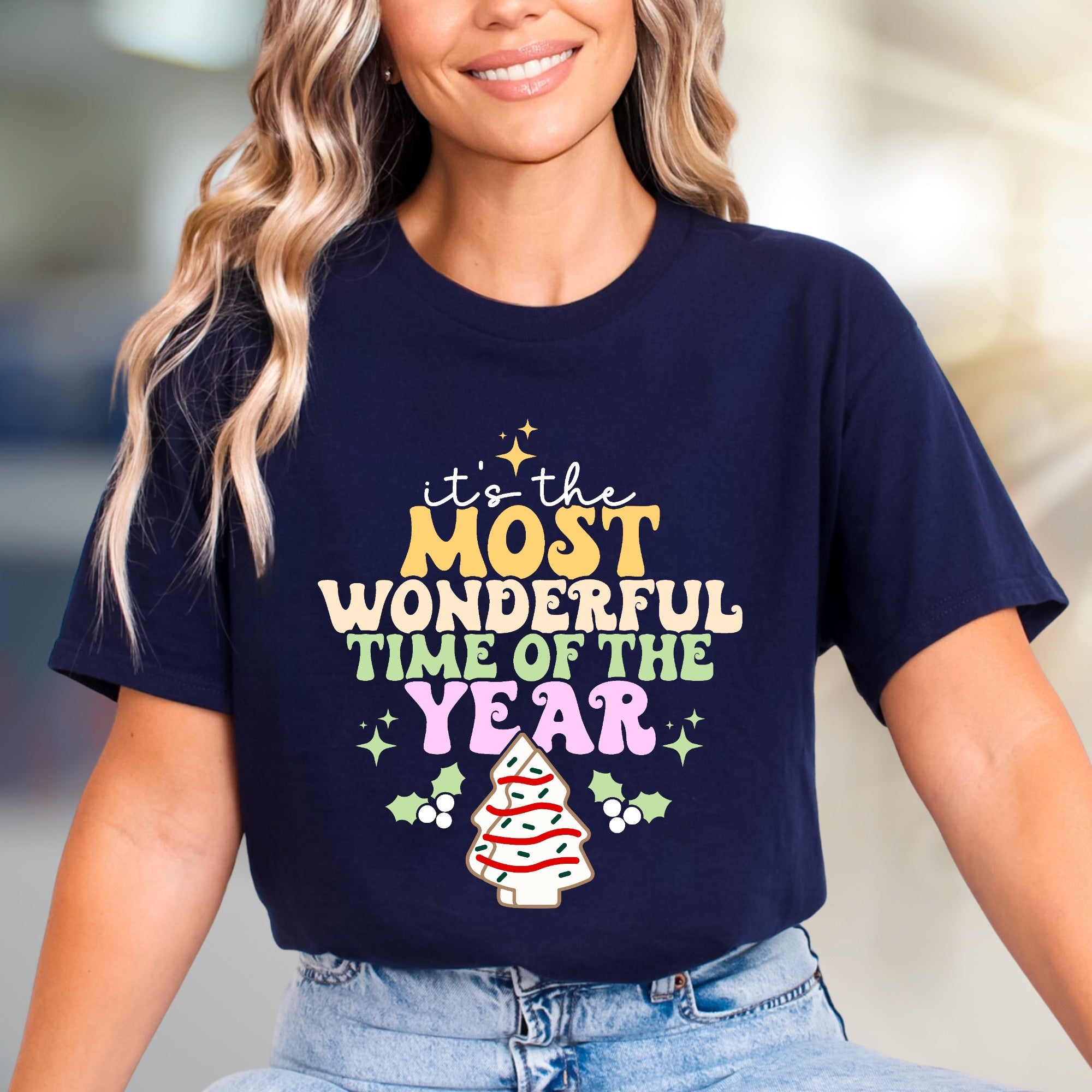 "It's the Most Wonderful Time of the Year" Whimsical Christmas Tree Graphic Tee, a Festive Holiday Pick for Everyone