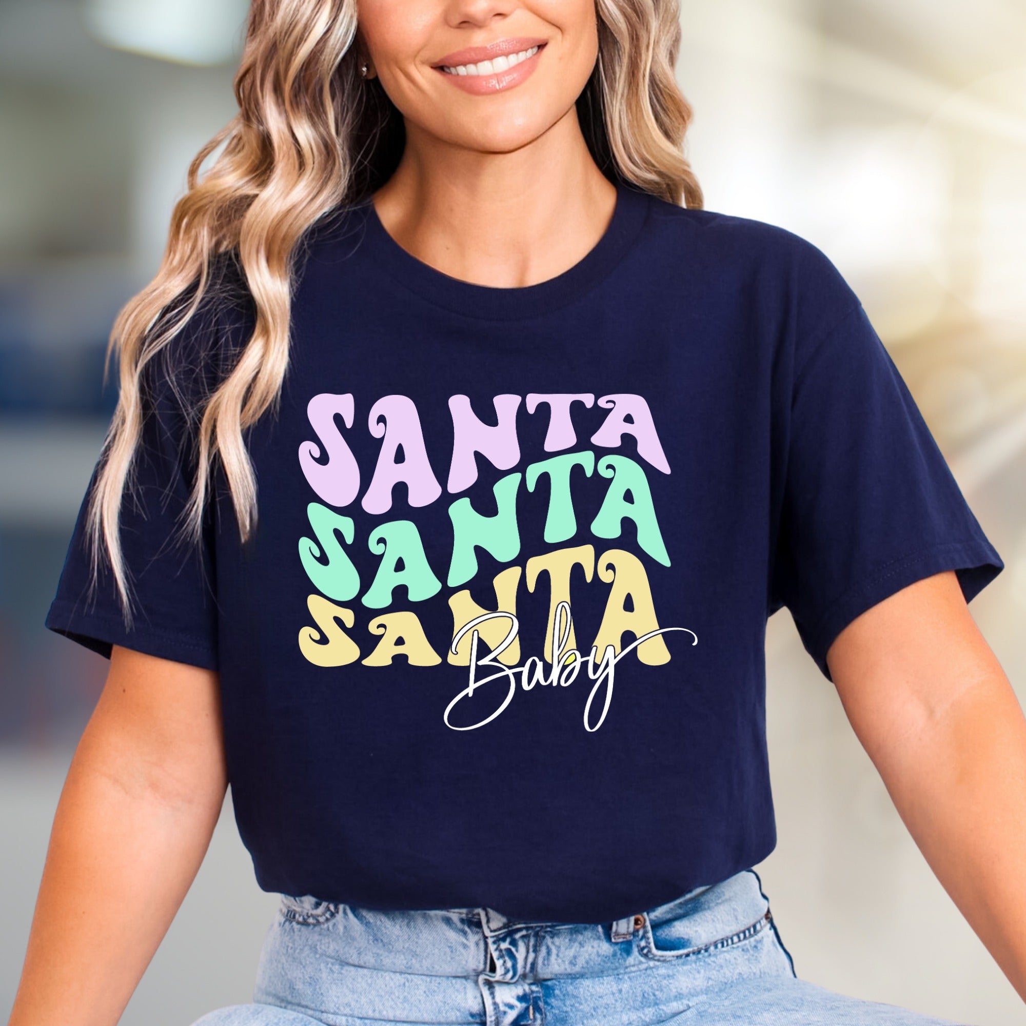 "SANTA SANTA SANTA Baby" Retro Christmas Graphic Tee, a Festive Niche for Holiday Enthusiasts