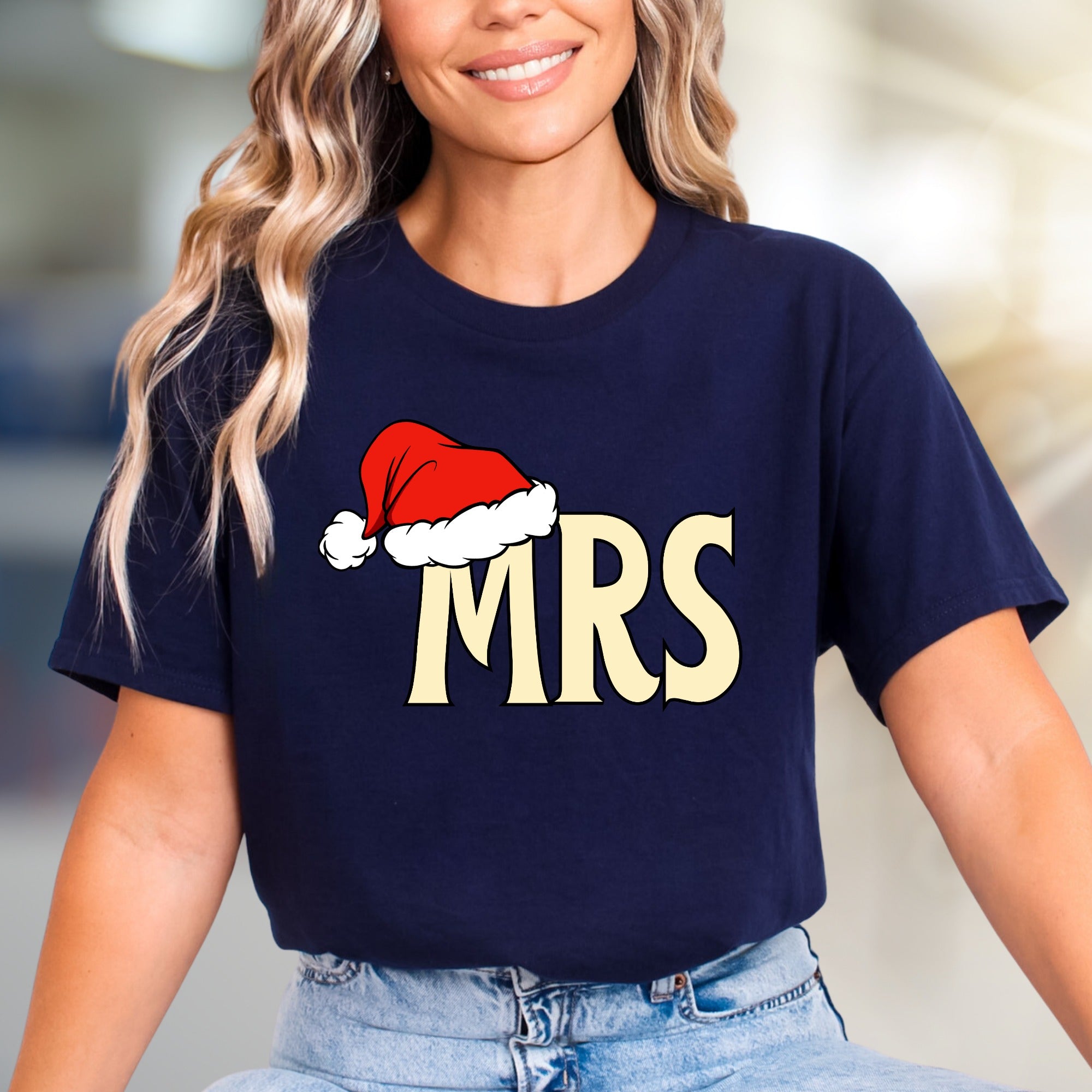 "MRS" Christmas Santa Hat Graphic Tee, a Festive Couple's Pick for Her