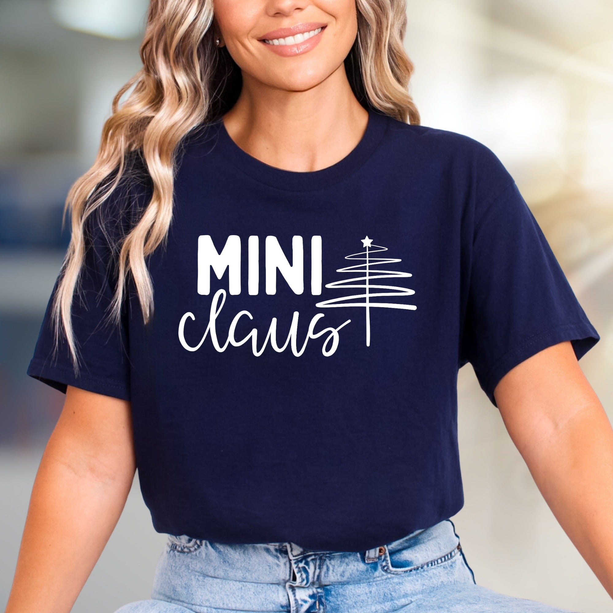 "MINI Claus" Whimsical Christmas Tree Graphic Tee, a Festive Pick for Holiday Enthusiasts