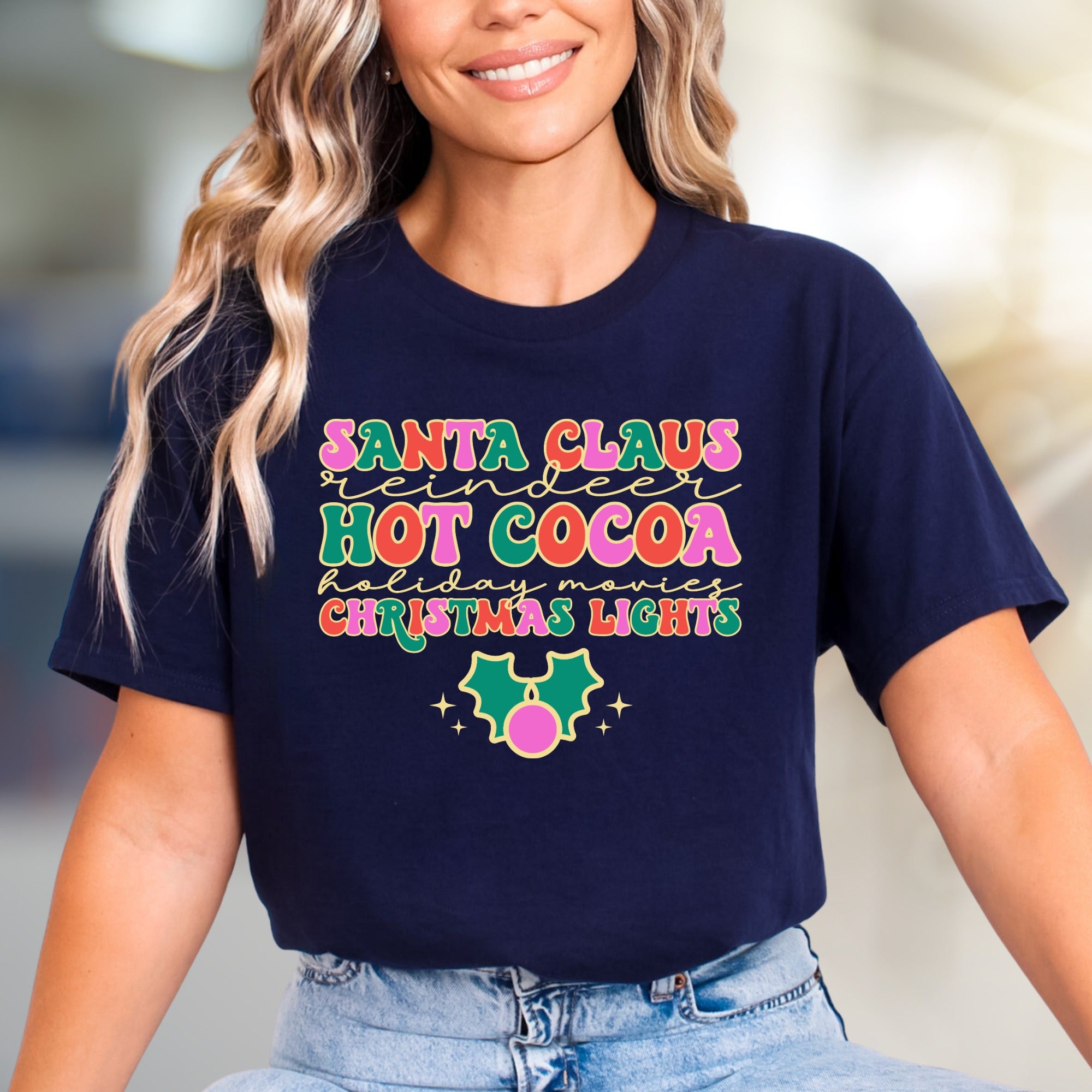 "SANTA CLAUS, REINDEER, HOT COCOA" Retro Christmas Graphic Tee, a Festive Pick for Holiday Lovers