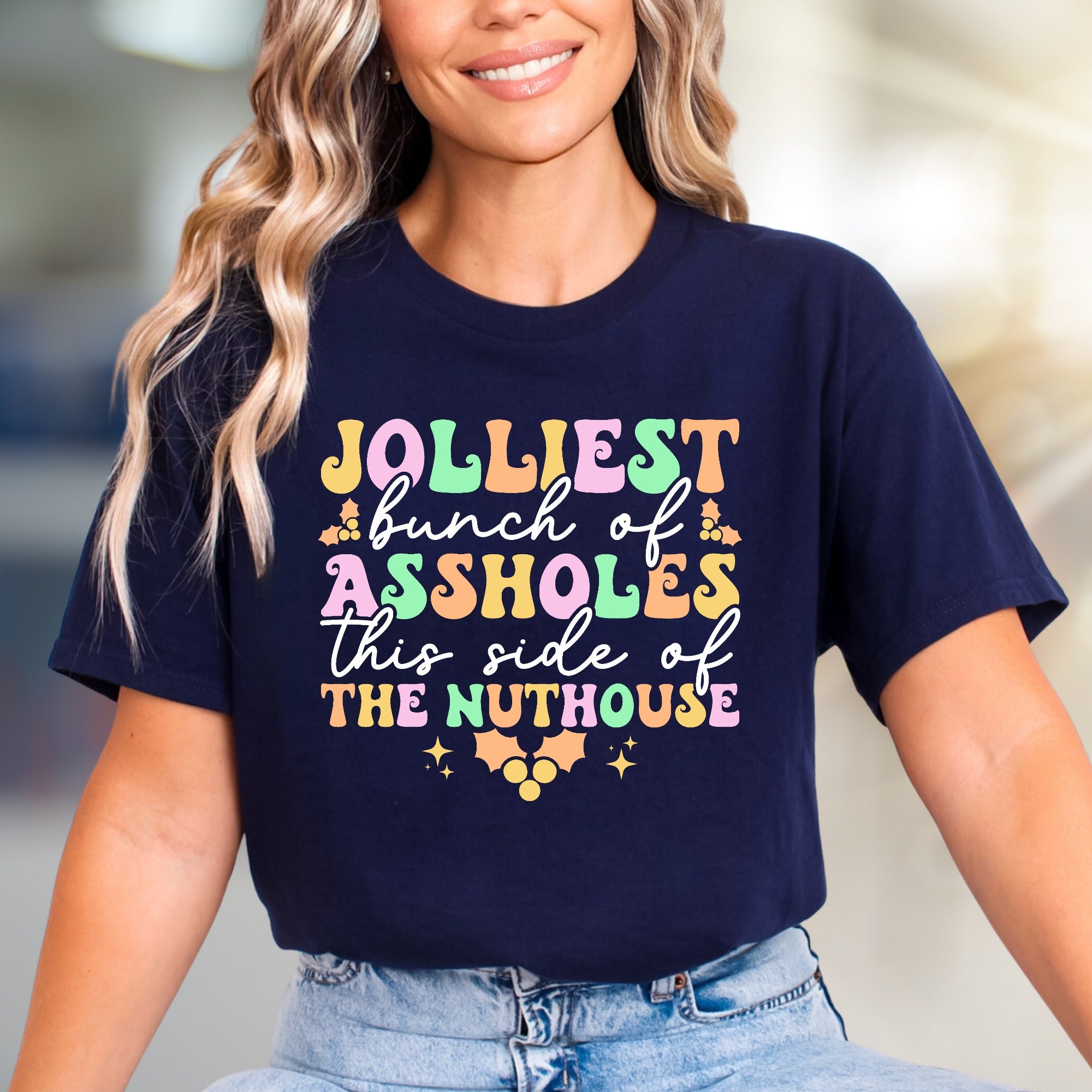 "Jolliest Bunch of Assholes" Retro Christmas Graphic Tee, a Witty Holiday Pick for Your Crew