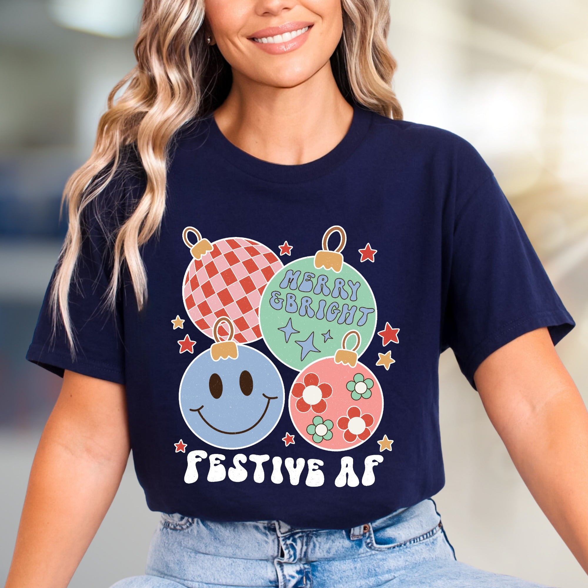 "Festive AF" Retro Holiday Ornaments Tee, a Groovy Christmas Pick for Everyone