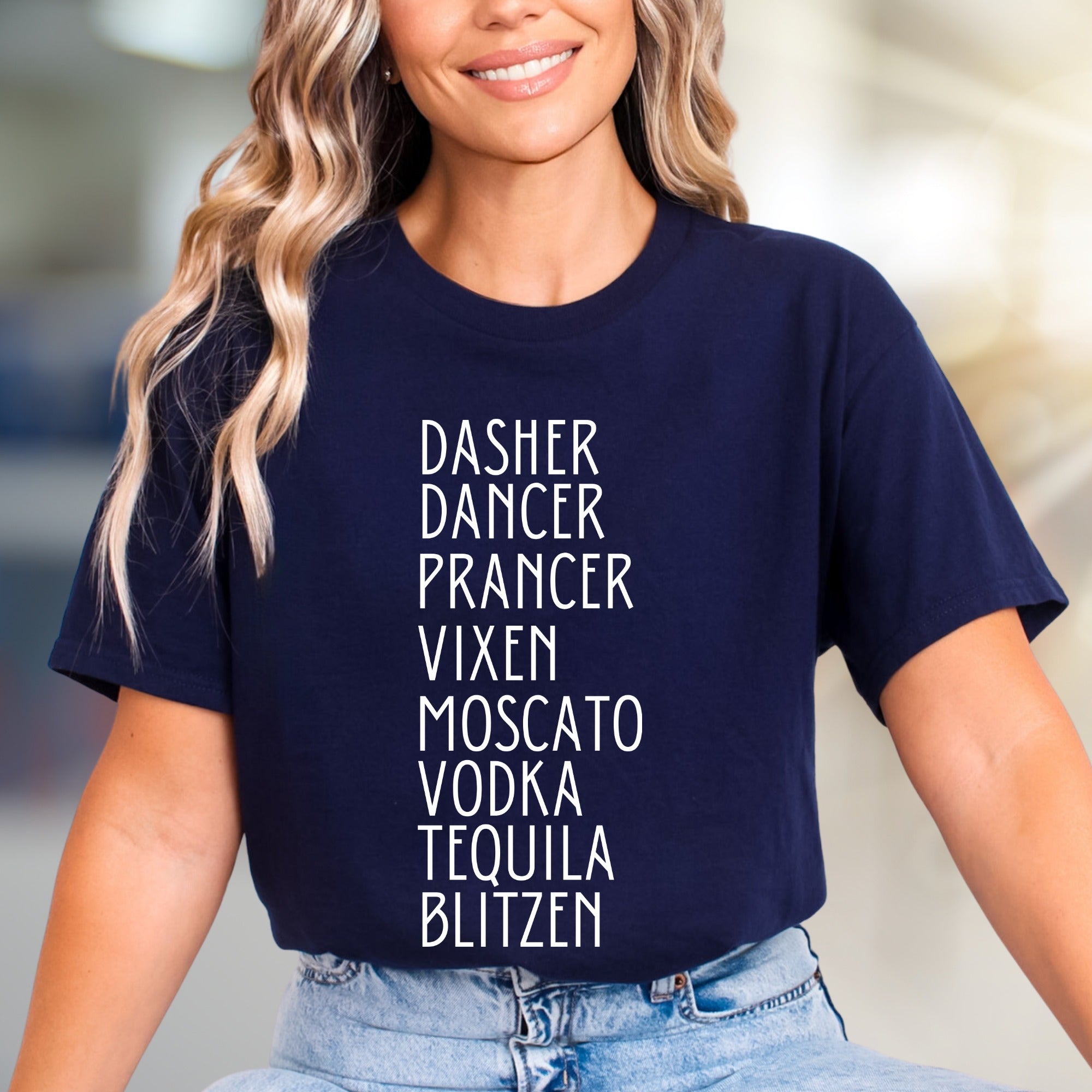"Dasher, Dancer, Moscato & Blitzen" Christmas Party Graphic Tee, a Festive Naughty & Nice Pick for Holiday Enthusiasts