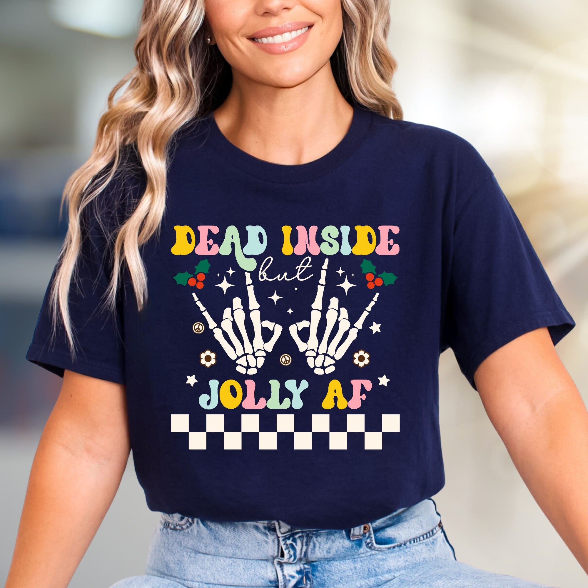 "Dead Inside But Jolly AF" Retro Christmas Graphic Tee, a Witty Holiday Pick for Festive Souls