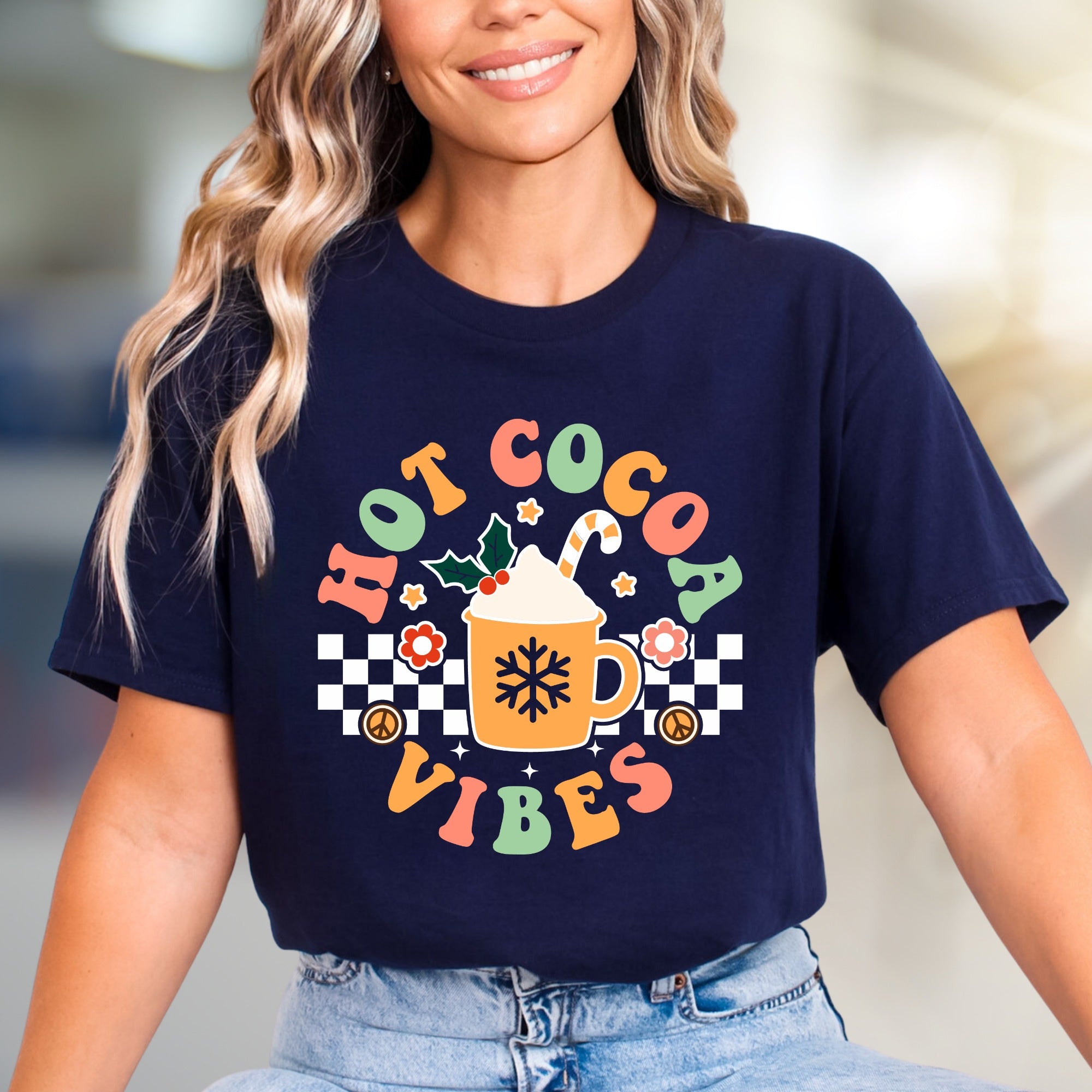 "Hot Cocoa Vibes" Retro Graphic Tee, a Whimsical Pick for Winter Lovers