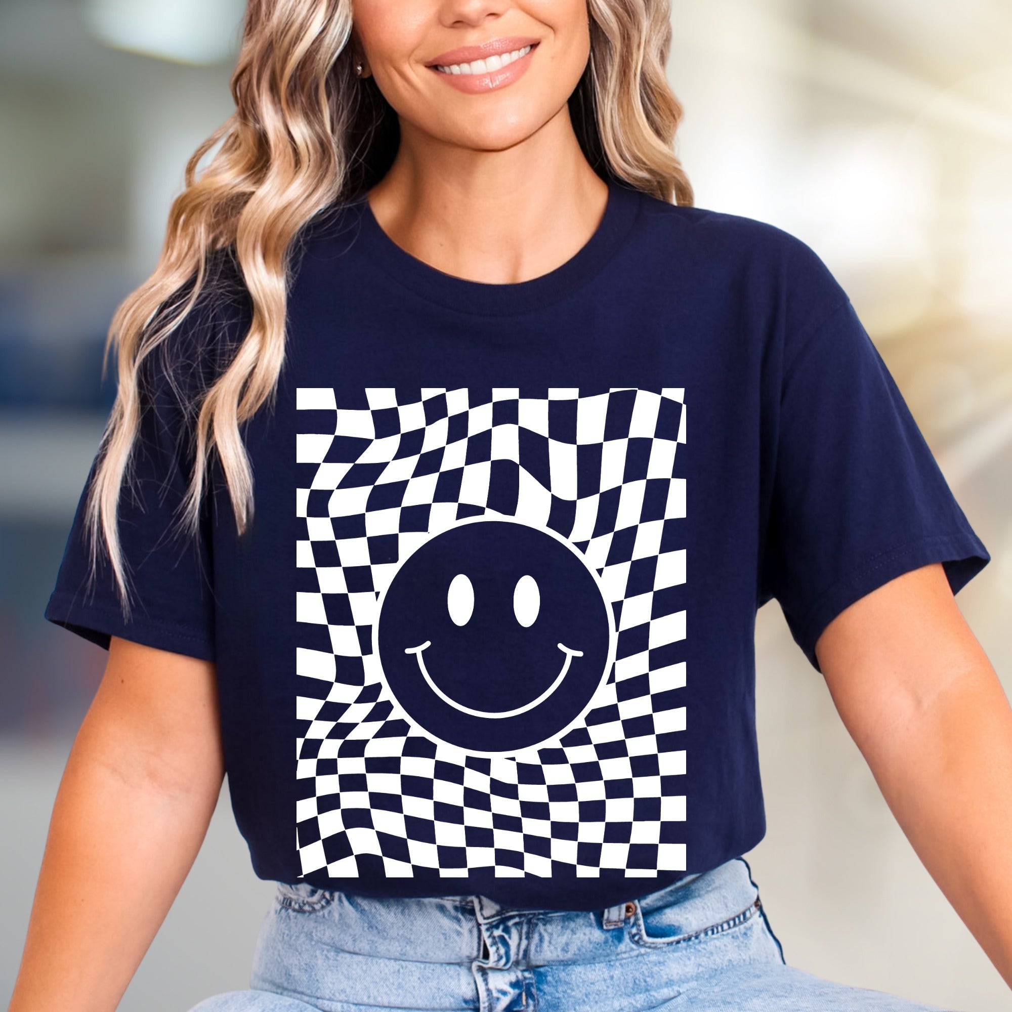 Warped Checkerboard Smiley Graphic Tee, A Retro-Inspired Pick for Free Spirits