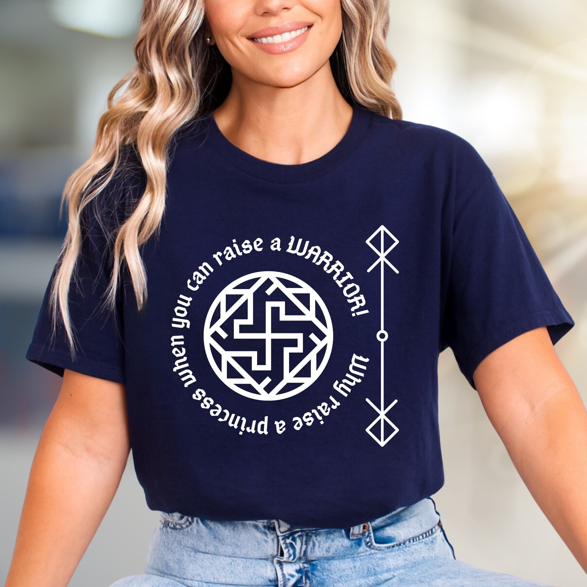 "Rai a Warrior" Empowering Rune Circle Graphic Tee, a Bold Statement for Modern Women