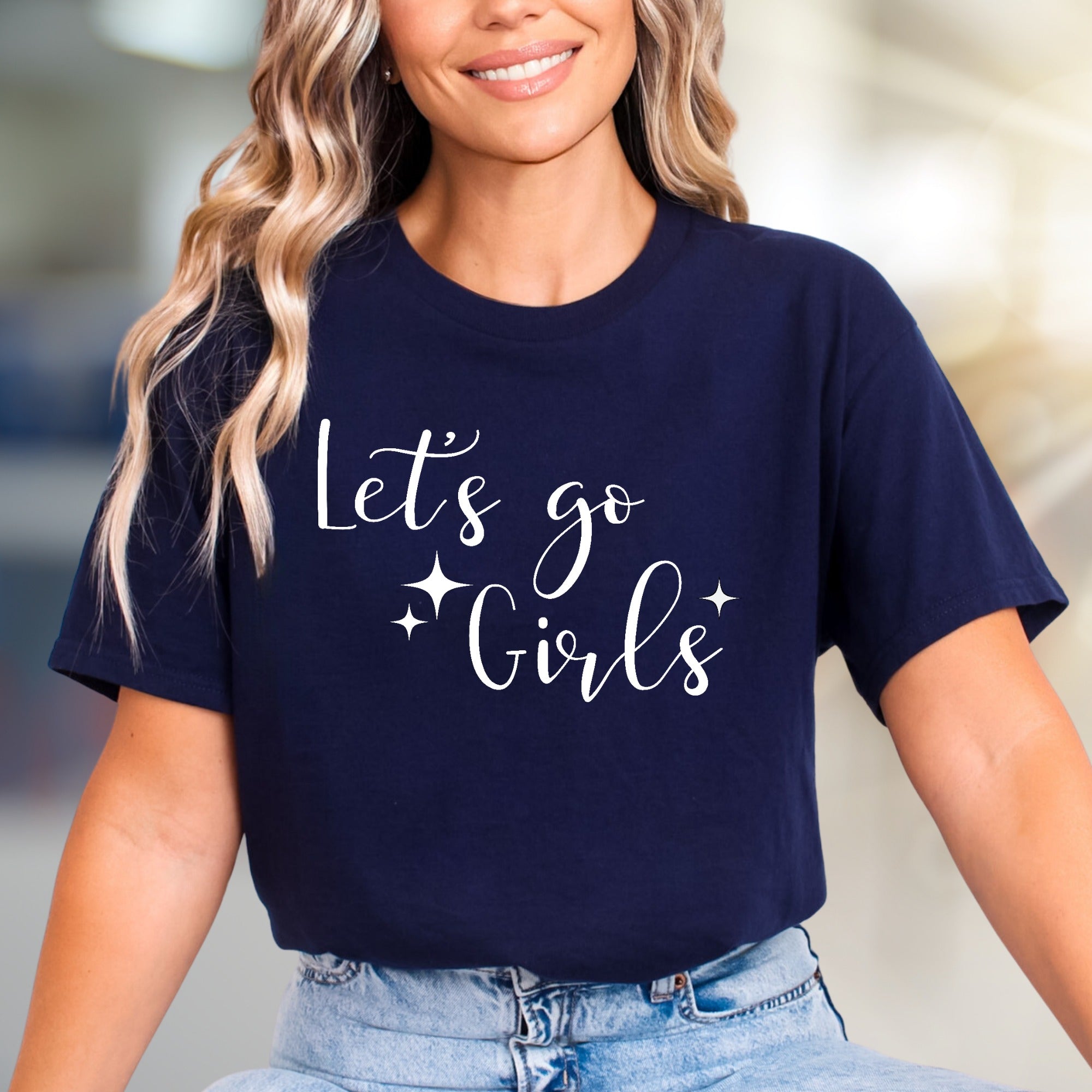 "Let's go Girls" Sparkle Script Graphic Tee, a Fun Western Pick for Friends