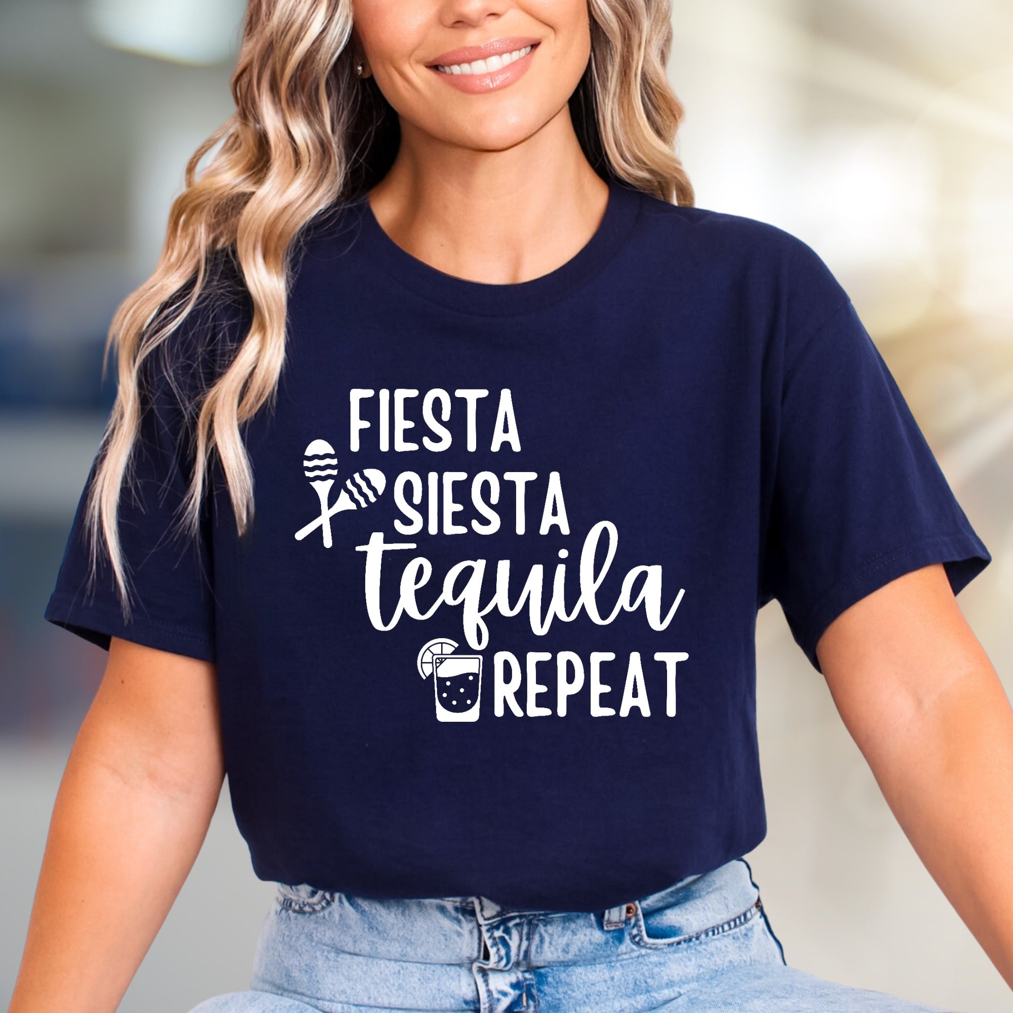 "FIESTA SIESTA TEQUILA REPEAT" Party Vibes Graphic Tee, a Fun Pick for Celebrators