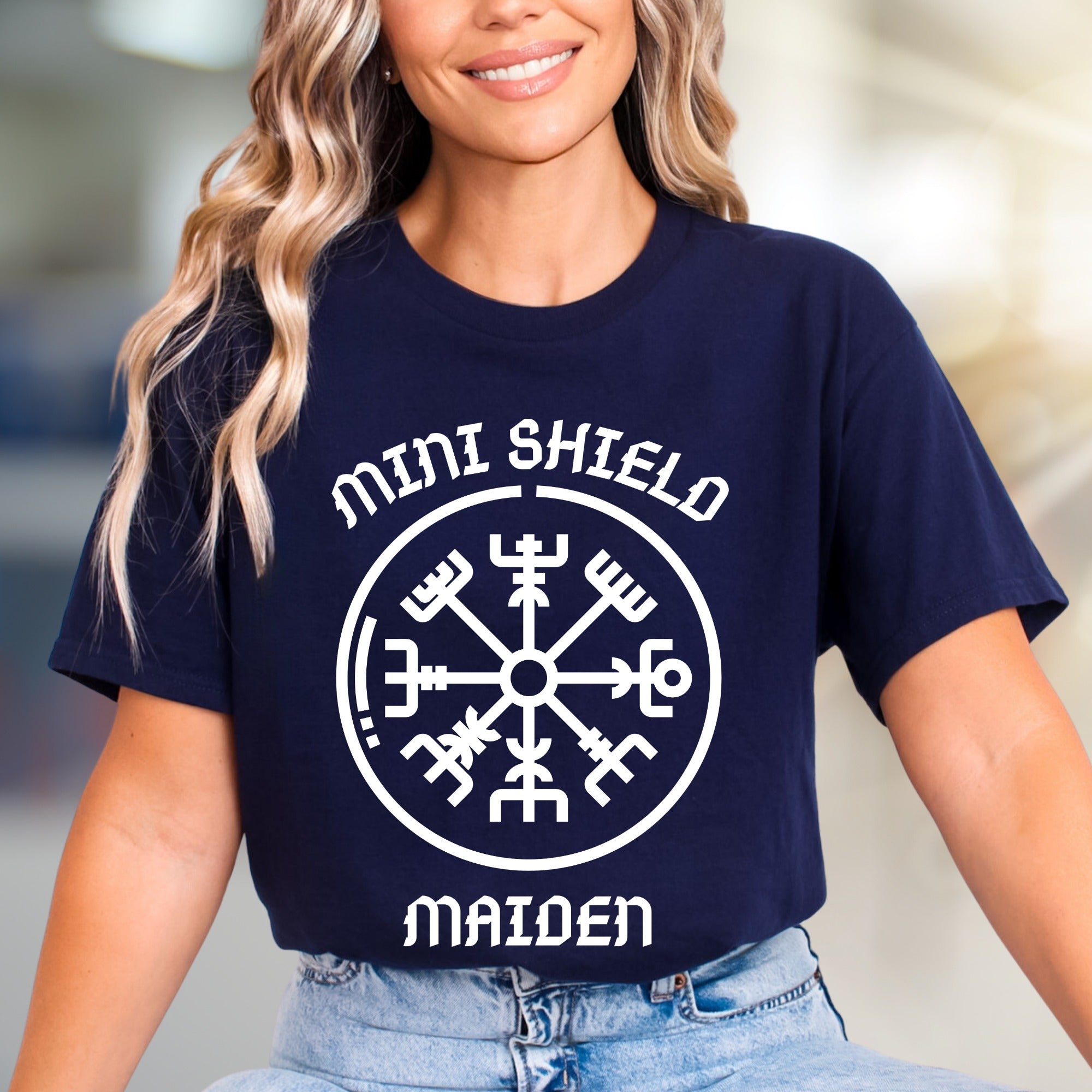 "MINI SHIELD MAIDEN" Viking Rune Compass Graphic Tee, a Norse Mythology Pick for Enthusiasts