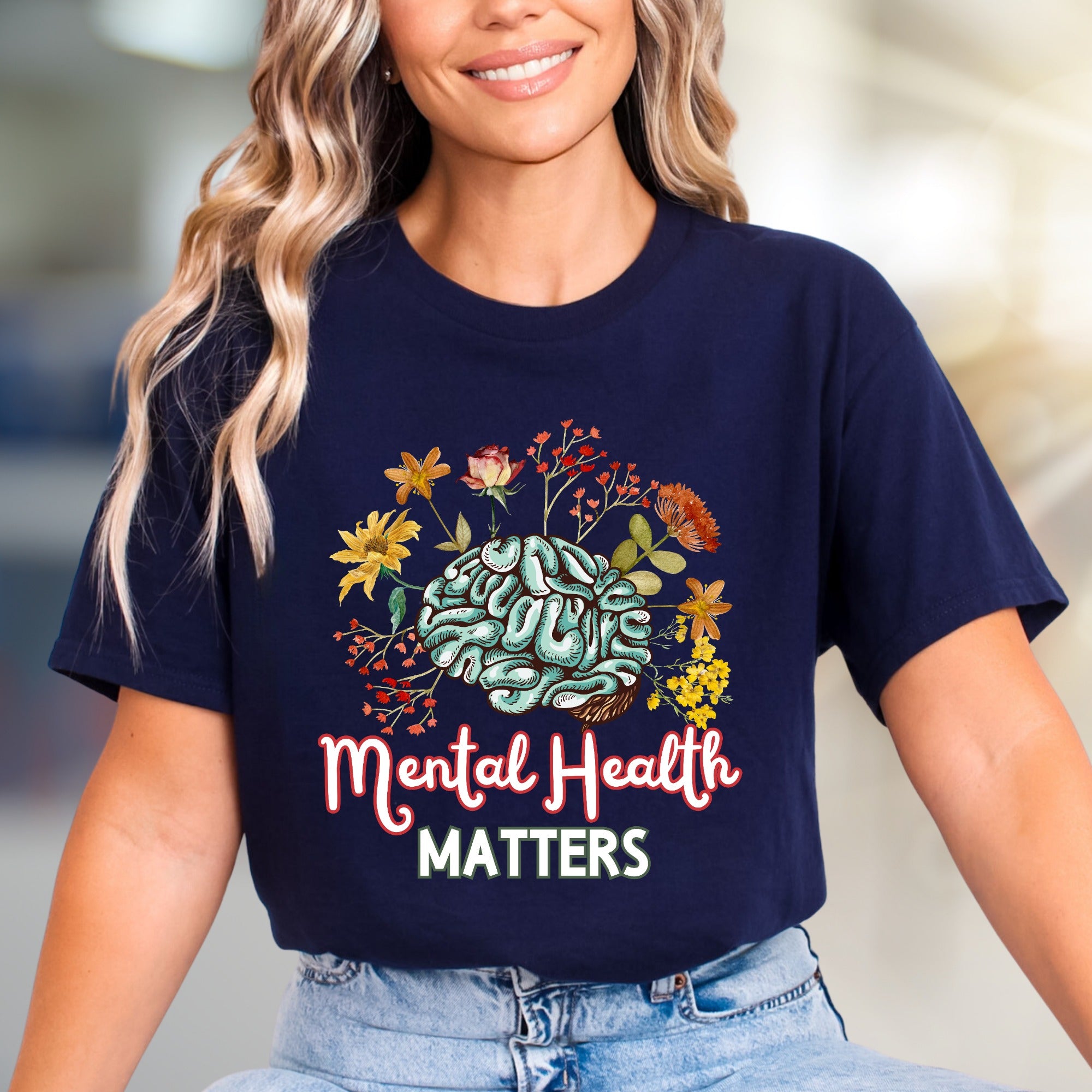"Mental Health Matters" Floral Brain Graphic Tee, a Wellness Pick for Advocates
