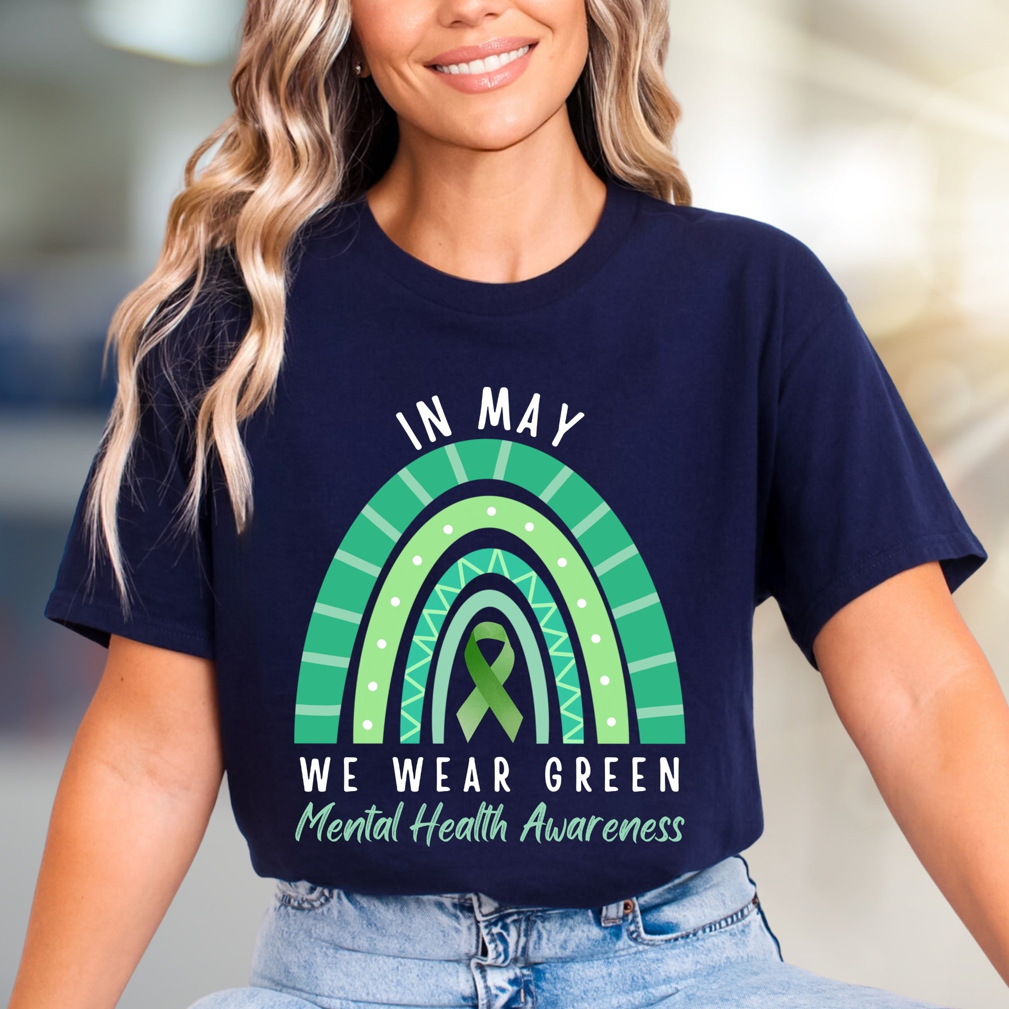 "IN MAY WE WEAR GREEN" Mental Health Awareness Rainbow Graphic Tee, a Supportive Expression for Advocates