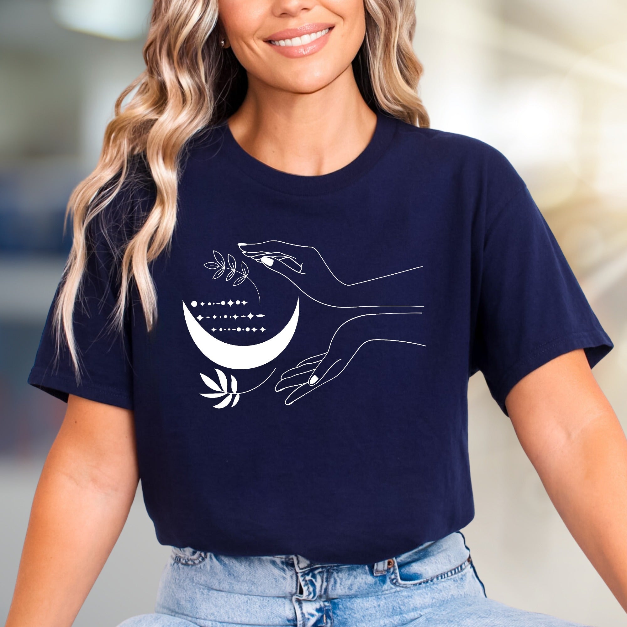Moonlit Hands & Botanicals Graphic Tee, a Mystical Apparel for Spiritual Souls