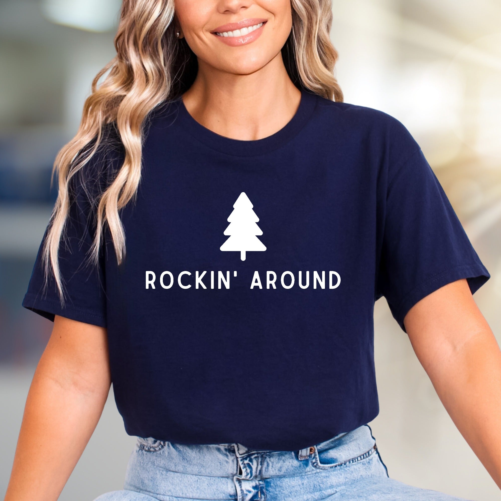 "ROCKIN' AROUND" Christmas Tree Graphic Tee, a Festive Holiday Pick for Merrymakers