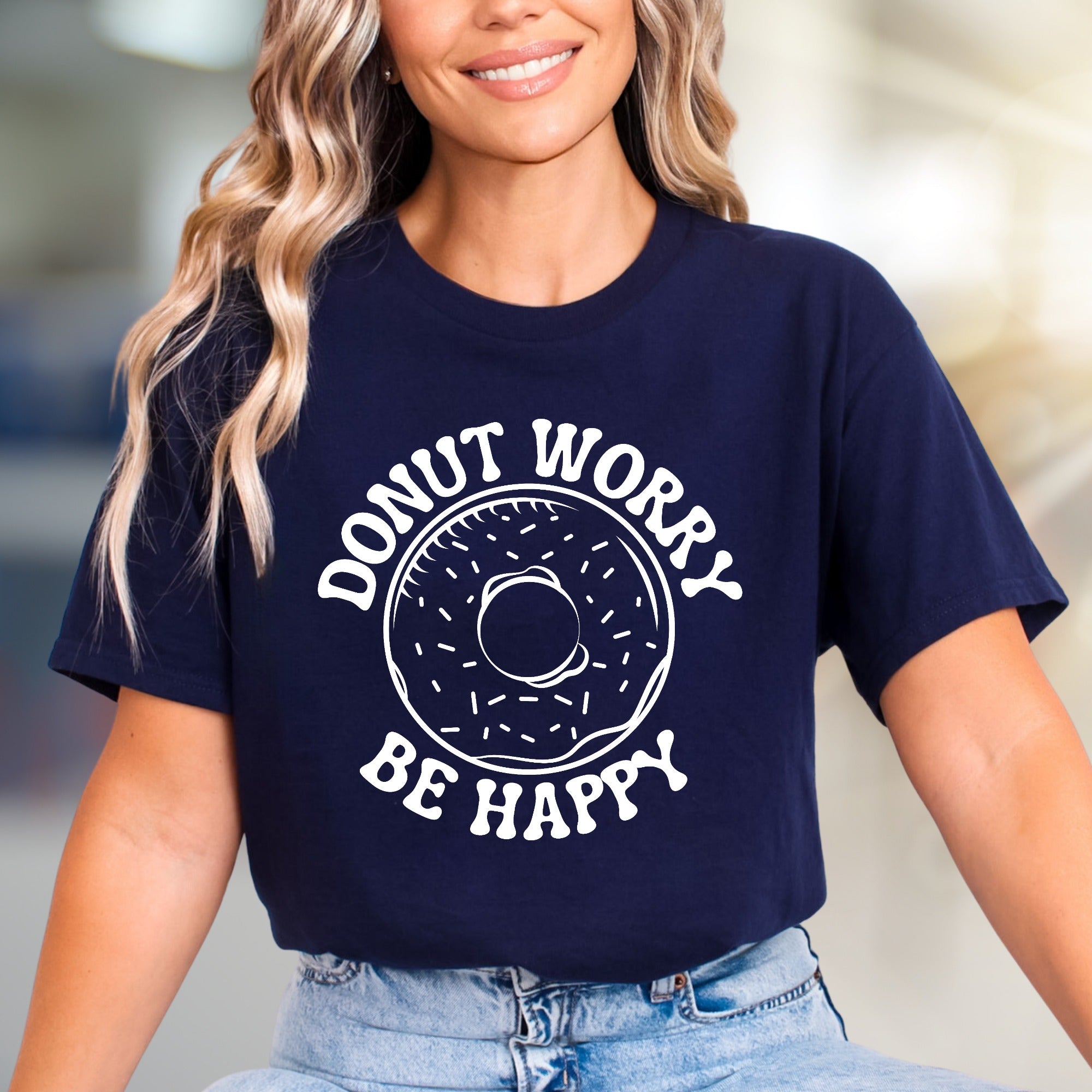"Donut Worry Be Happy" Donut Graphic Tee, a Sweet Treat Pick for Optimists
