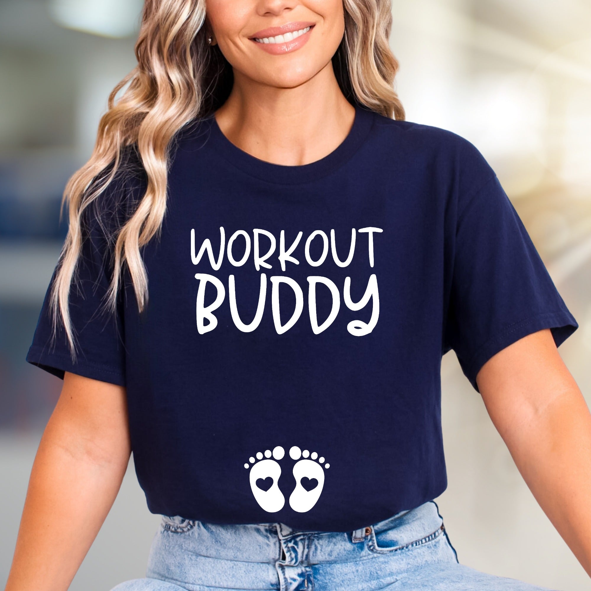 "Workout Buddy" Maternity Graphic Tee, a Pregnancy-Fit Pick for Expecting Moms