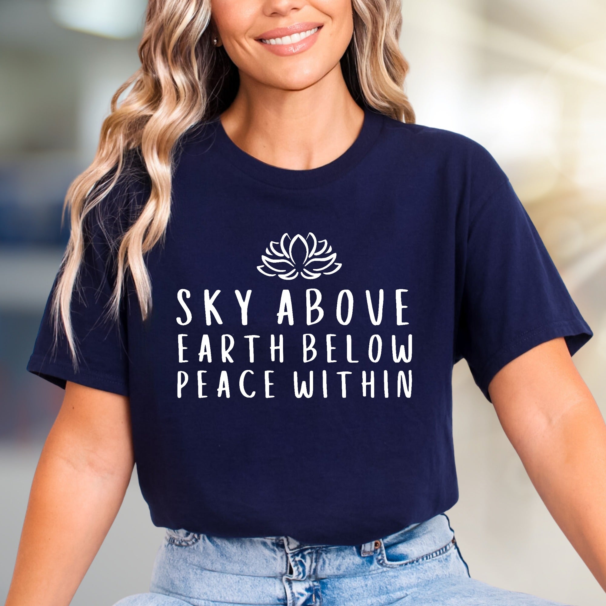 Sky Above Earth Below Peace Within Lotus Graphic Tee, A Spiritual Meditation Pick for Yoga Enthusiasts
