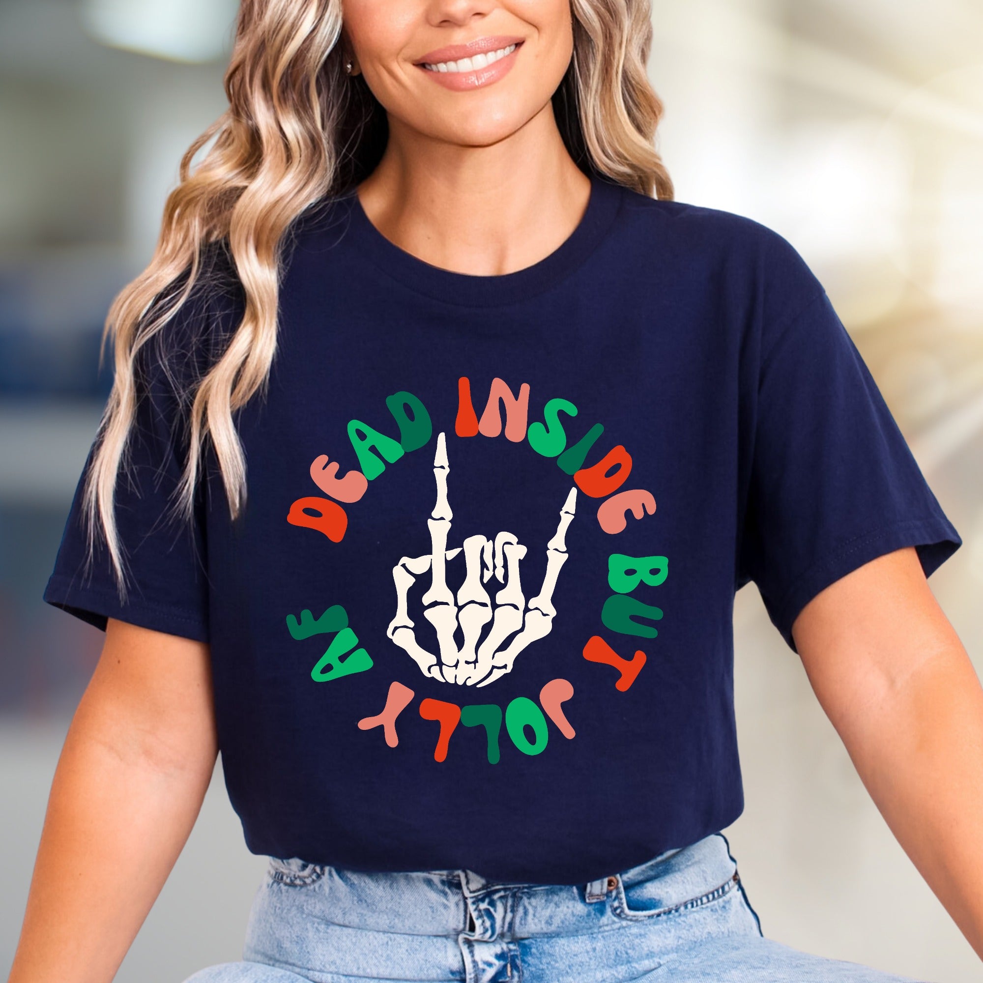 "Dead Inside But Jolly AF" Christmas Skeleton Graphic Tee, a Witty Holiday Pick for Festive Souls