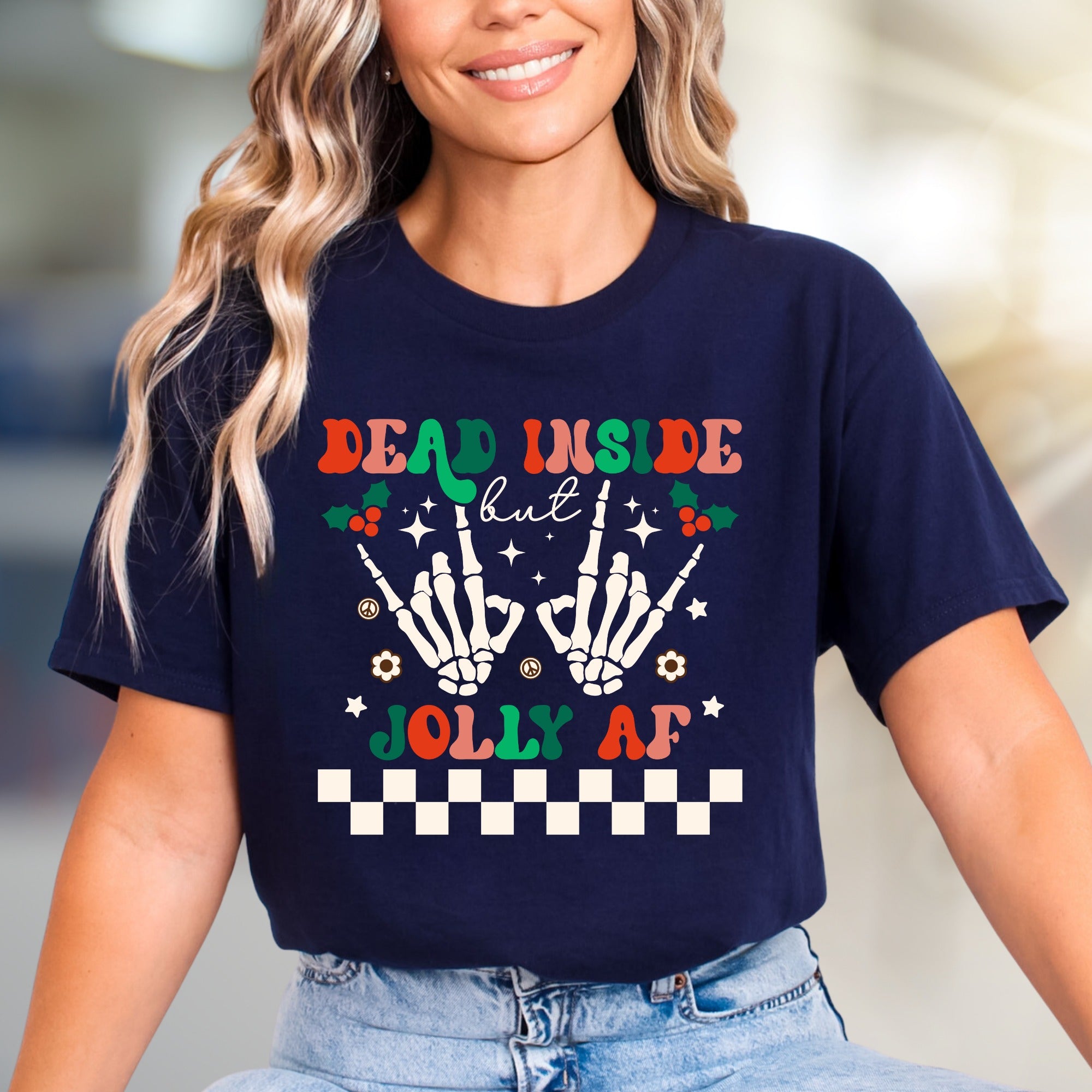 "Dead Inside But Jolly AF" Christmas Skeleton Graphic Tee, A Humorous Holiday Pick for Festive Vibes