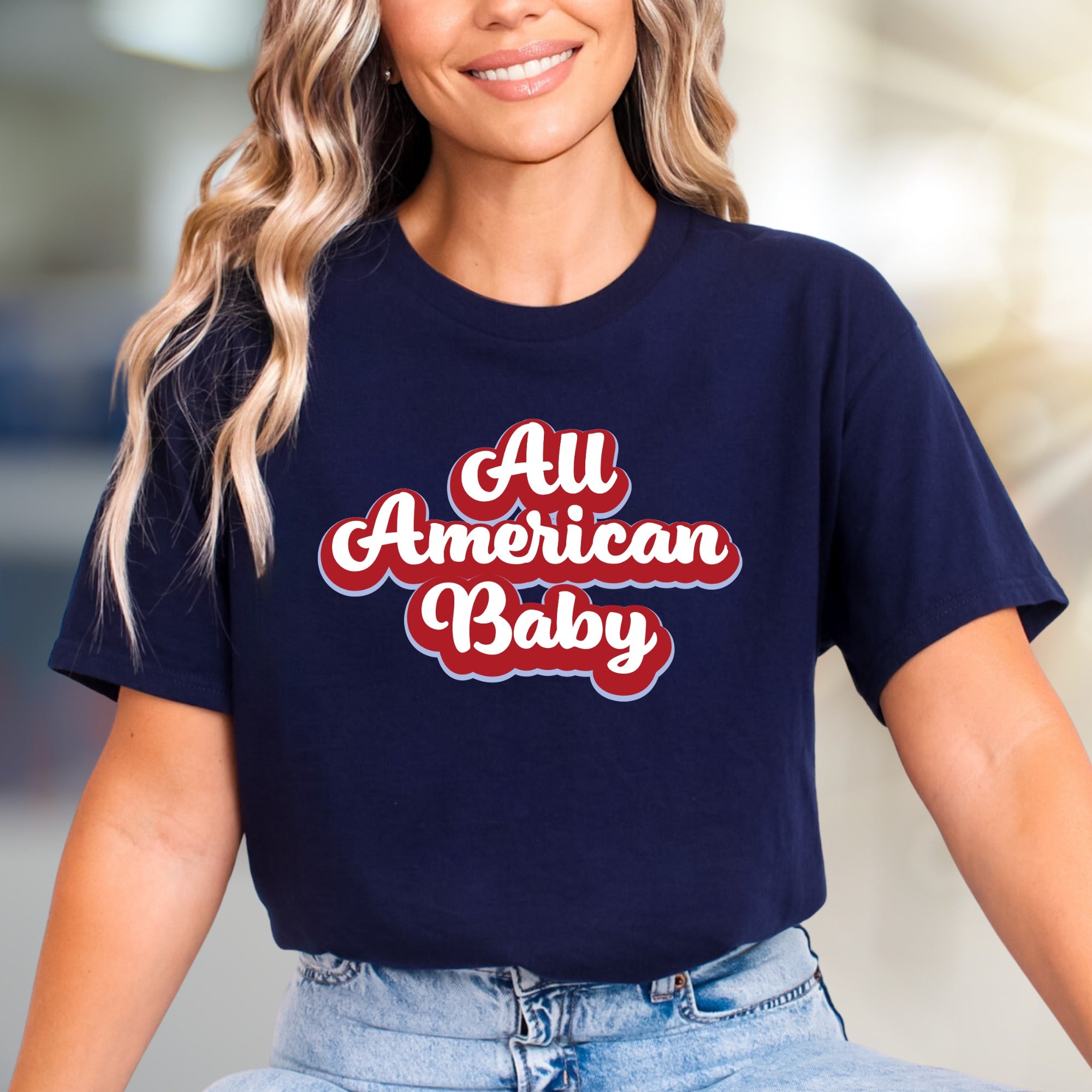 "All American Baby" Retro Graphic Tee, a Patriotic Pick for Her