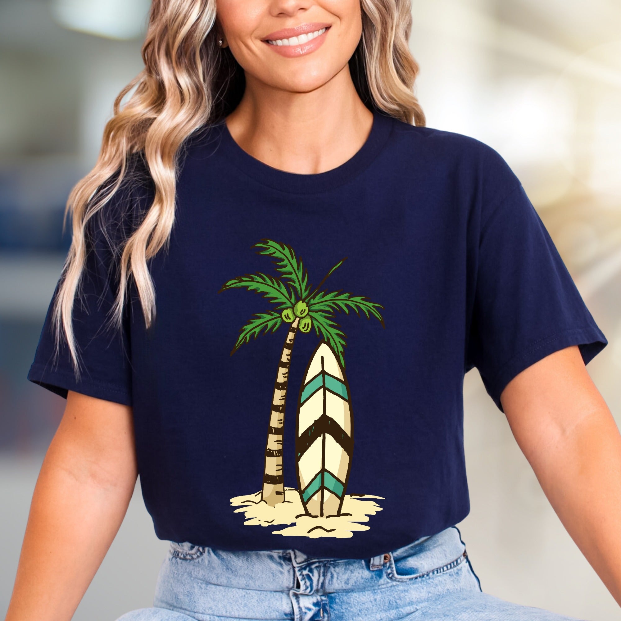 Palm Tree Surfboard Island Zen Graphic Tee, A Tropical Escape for Beach Lovers