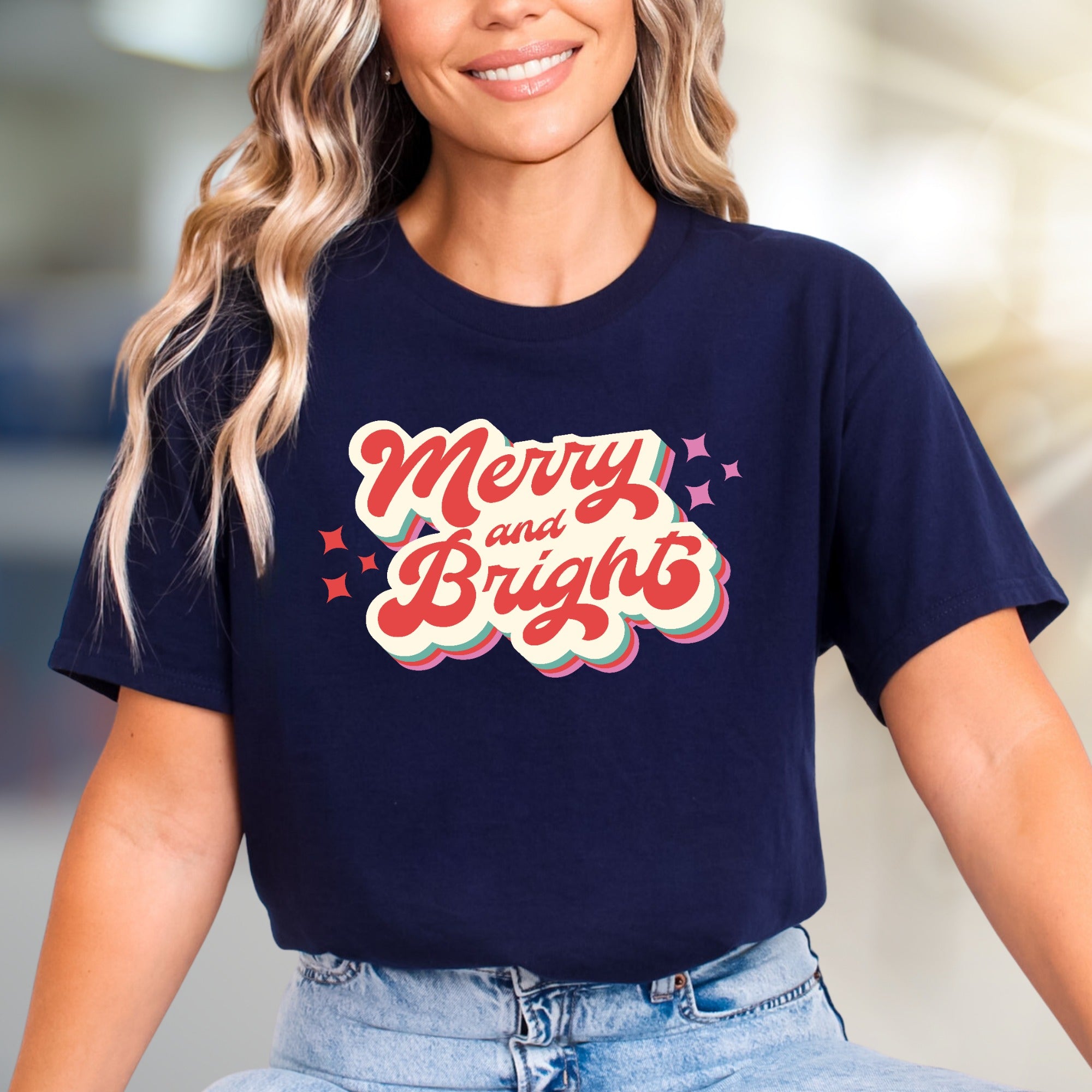 "Merry and Bright" Retro Holiday Graphic Tee, a Festive Pick for Joyful Souls