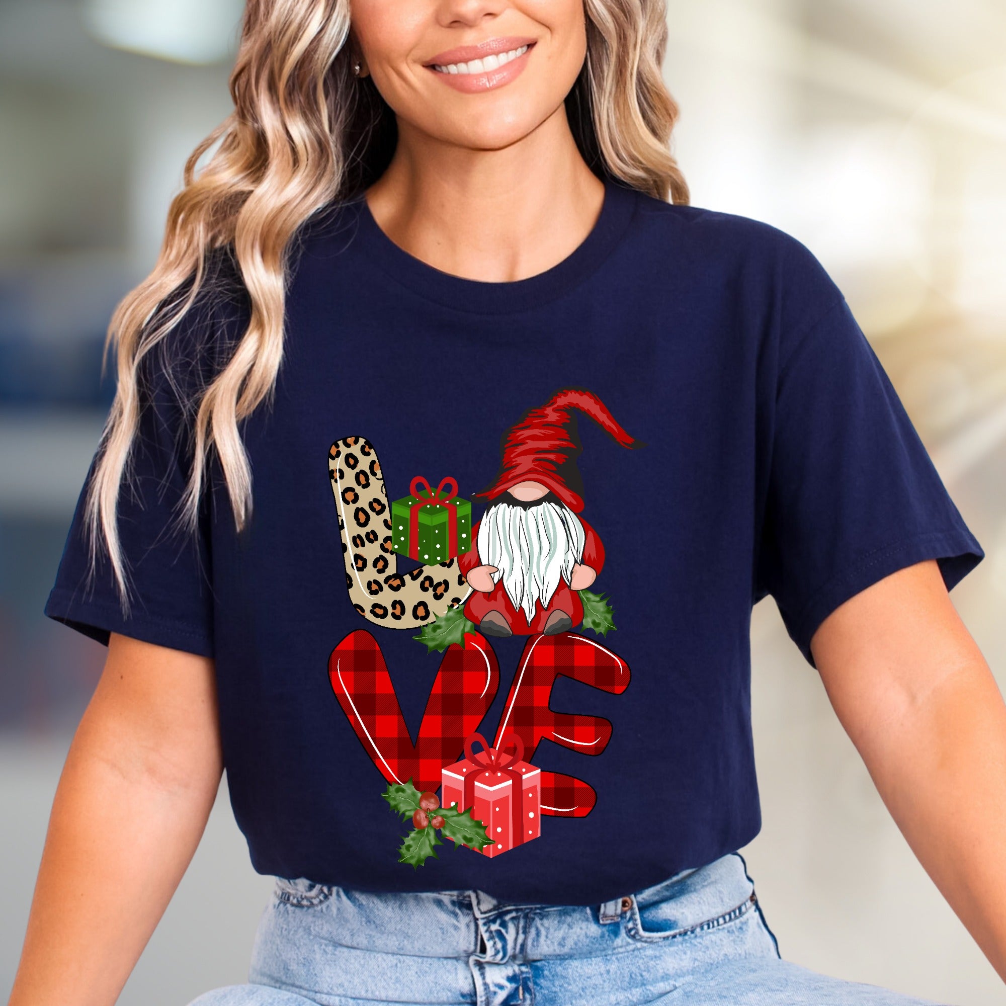 "LOVE" Gnome Leopard Plaid Graphic Tee, a Festive Holiday Gift for Her