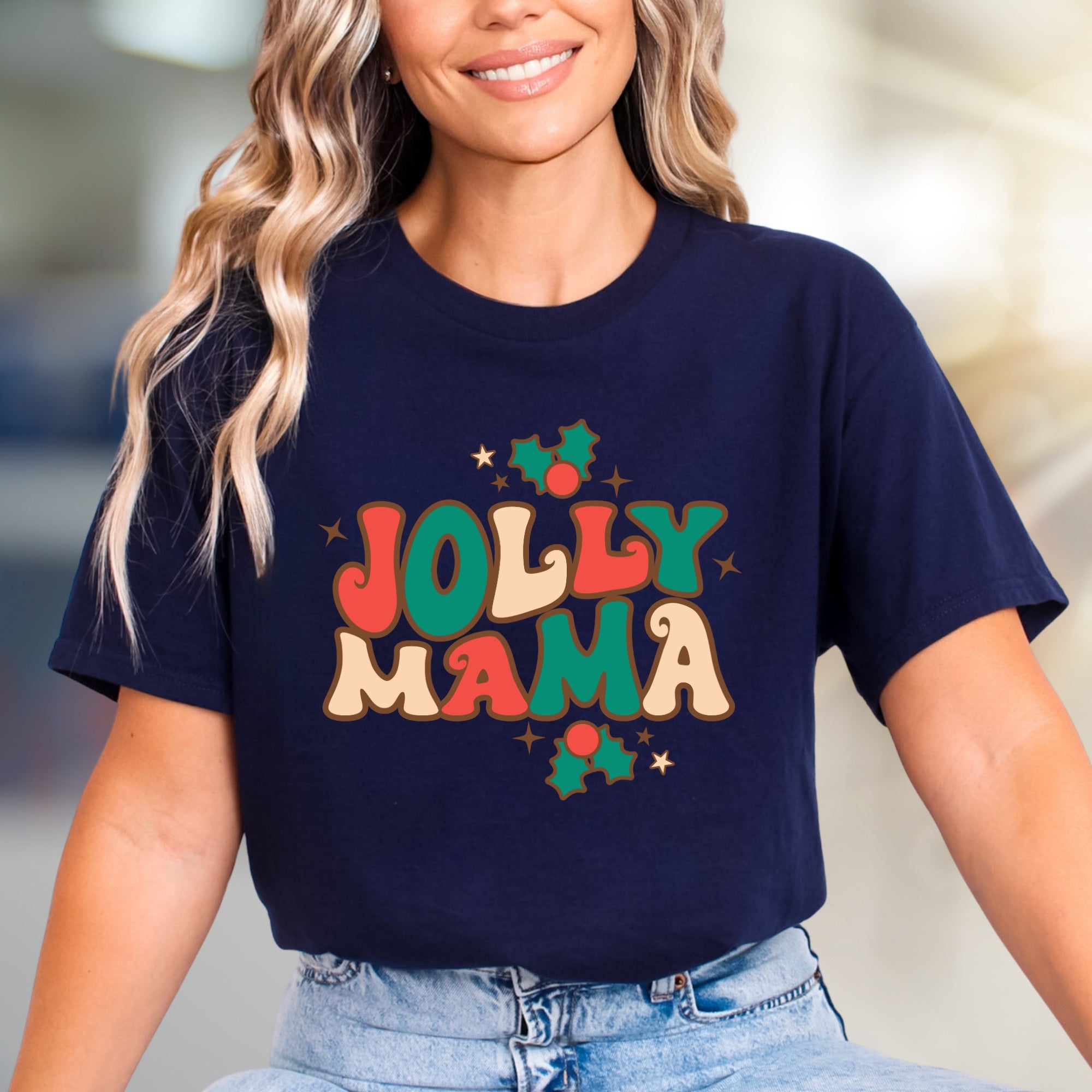 "Jolly Mama" Retro Christmas Graphic Tee, a Festive Pick for Merry Moms