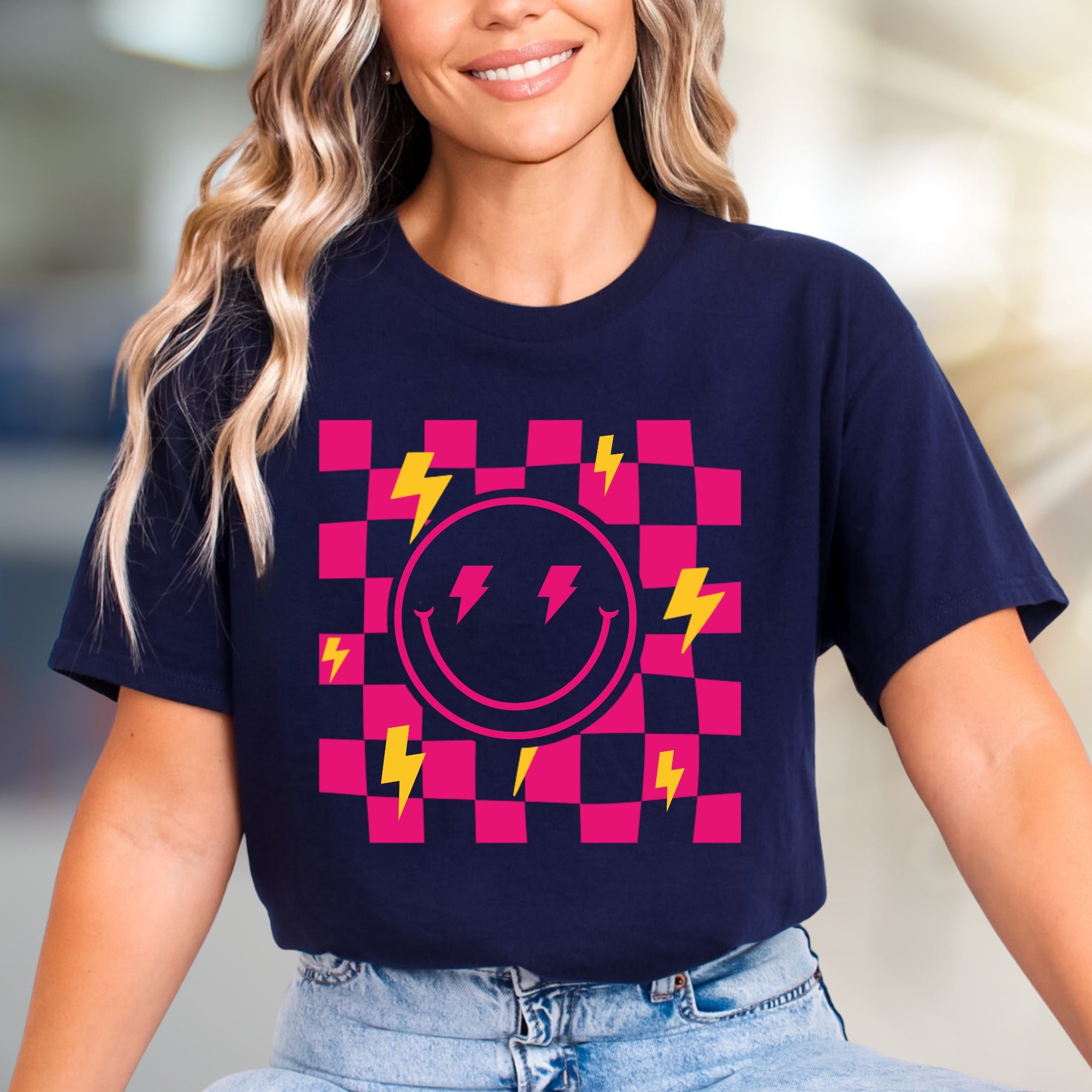 Neon Checkerboard Lightning Smiley Face Graphic Tee, a Bold Y2K Pick for Trendsetters