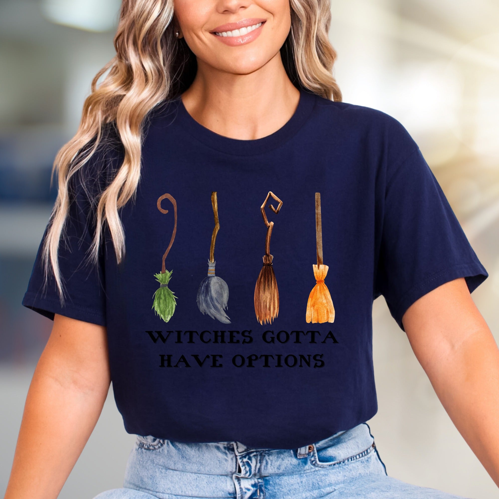 "Witches Gotta Have Options" Halloween Broomstick Graphic Tee, a Spooky Chic Pick for Witches