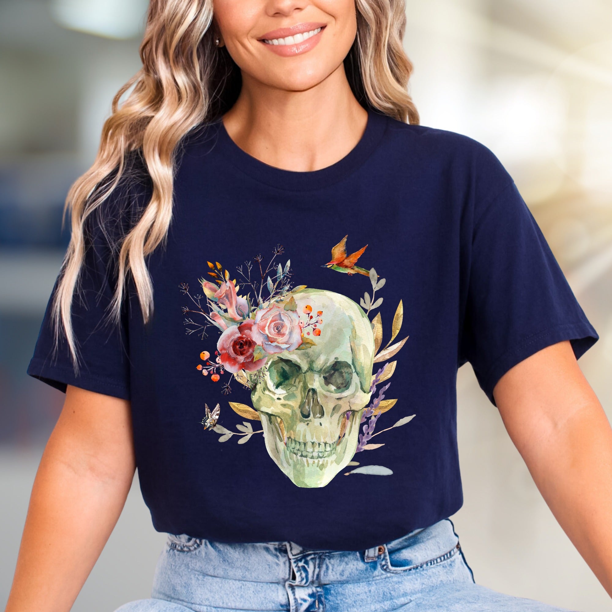 Floral Skull Watercolor Graphic Tee, a Nature-Inspired Pick for Art Lovers