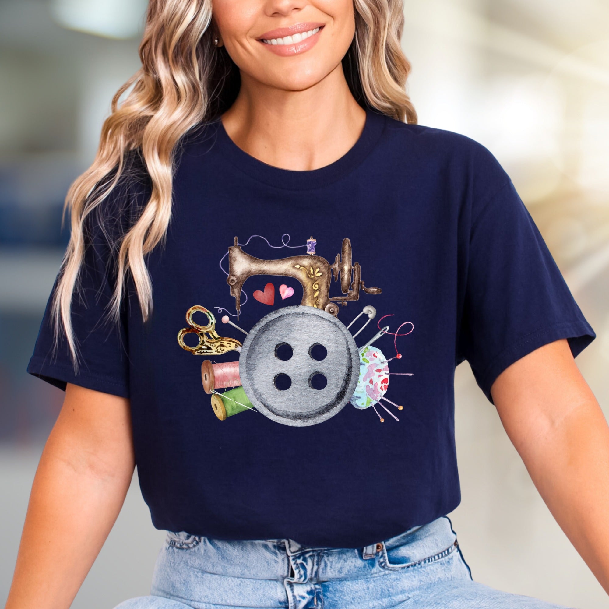 Sewing Machine & Crafty Button Graphic Tee, a Hobbyist's Style Pick for Creators