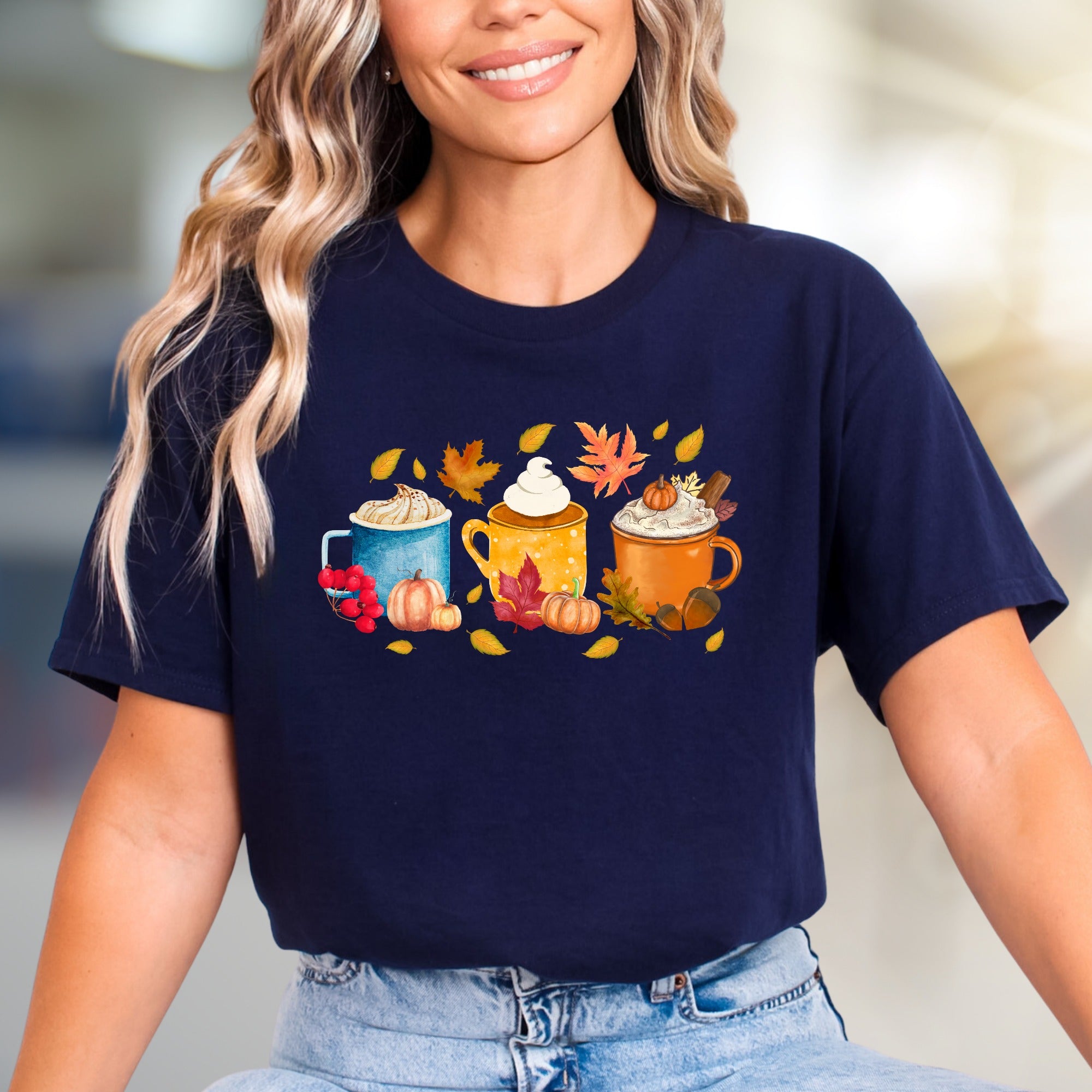Autumn Coffee Mug Collage Graphic Tee, a Cozy Fall Fashion Pick for PSL Lovers