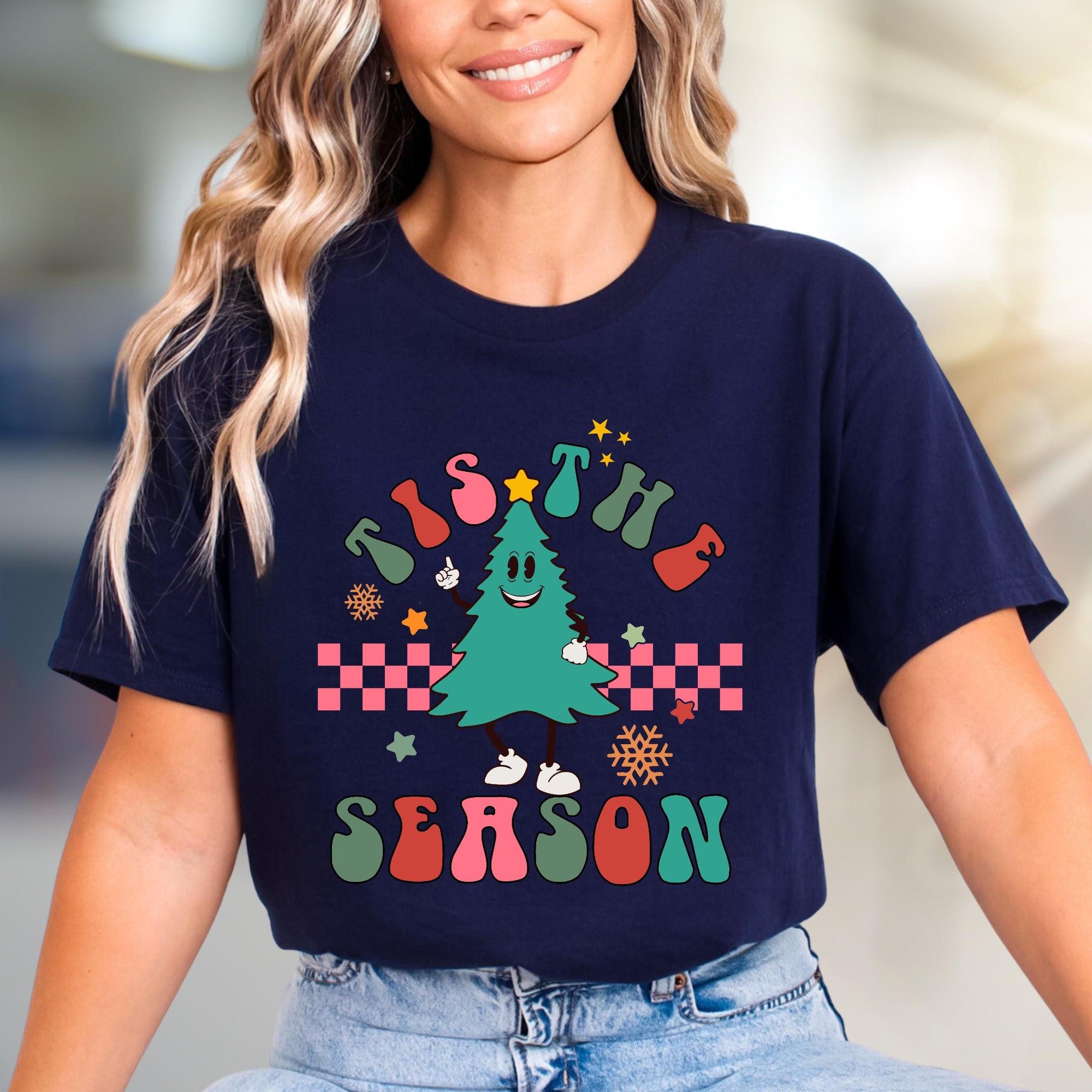 "Tis The Season" Retro Christmas Tree Graphic Tee, a Festive Holiday Pick for Enthusiasts