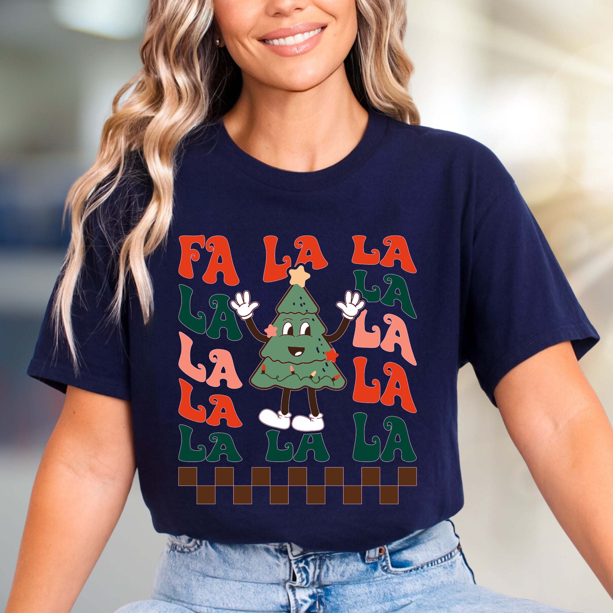 "FA LA LA" Retro Christmas Tree Graphic Tee, A Festive Holiday Pick for Enthusiasts