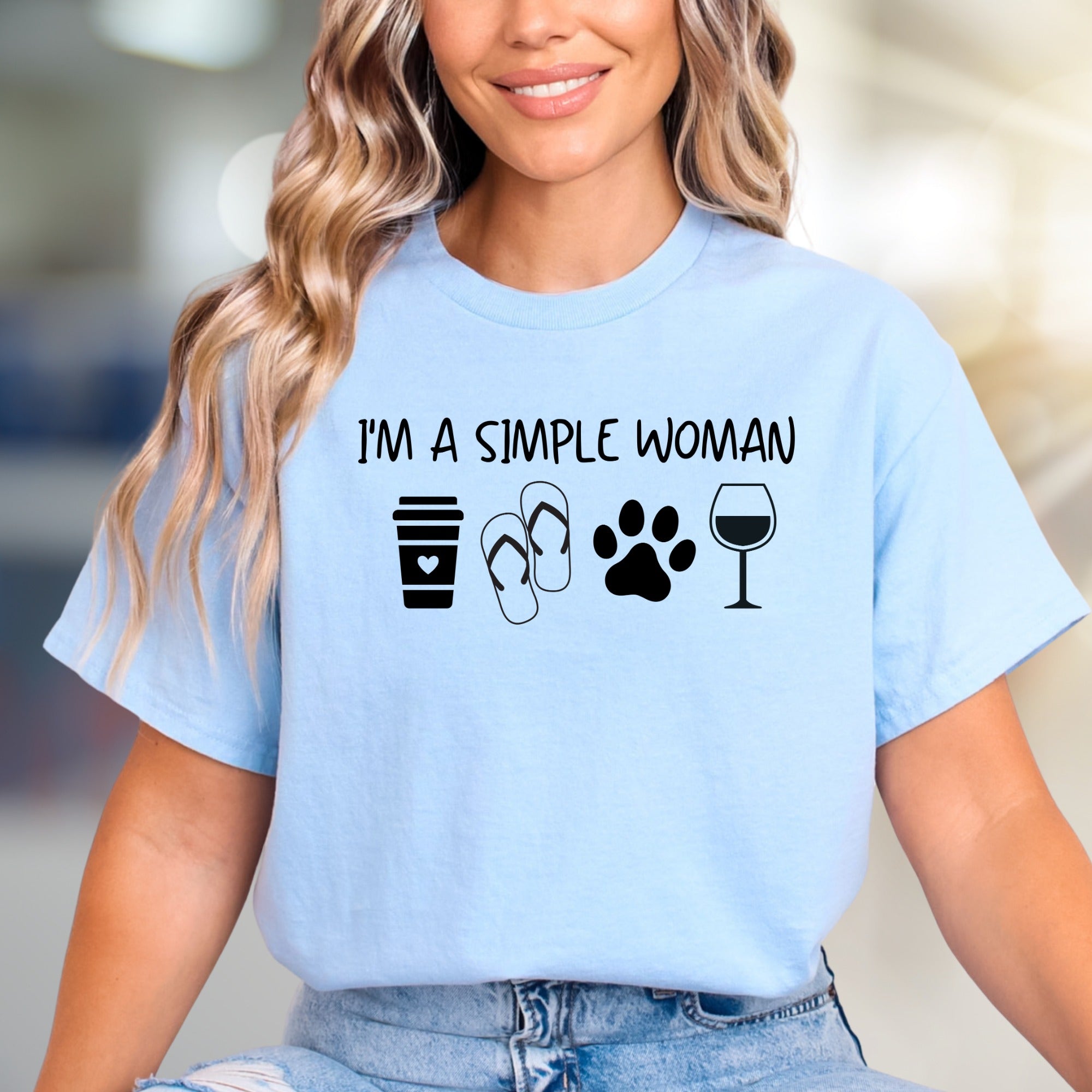 "I'M A SIMPLE WOMAN" Coffee & Wine Graphic Tee, A Relatable Lifestyle Pick for Her