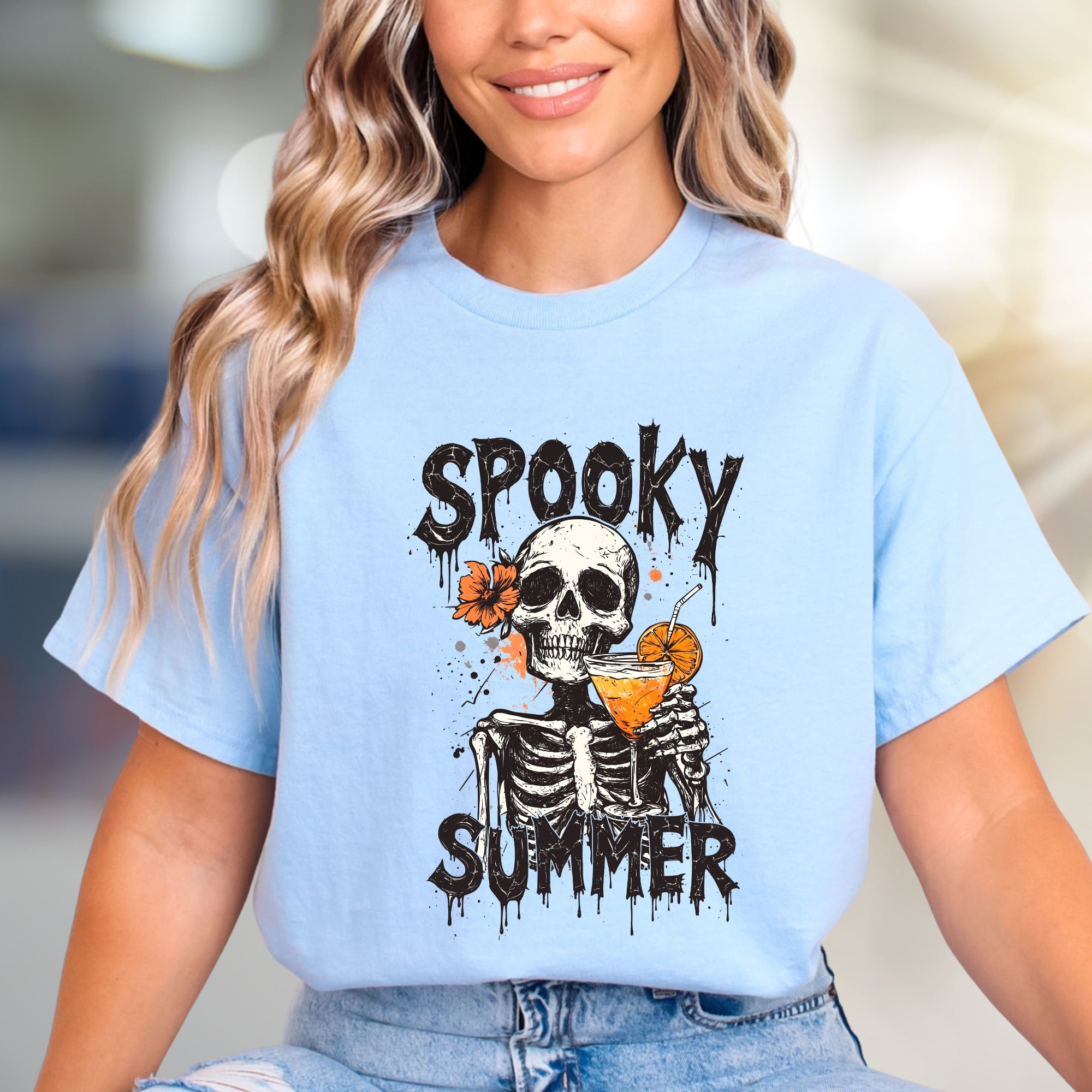 "Spooky Summer" Skeleton Cocktail Graphic Tee, a Gothic Beach Pick for Dark Humor Enthusiasts