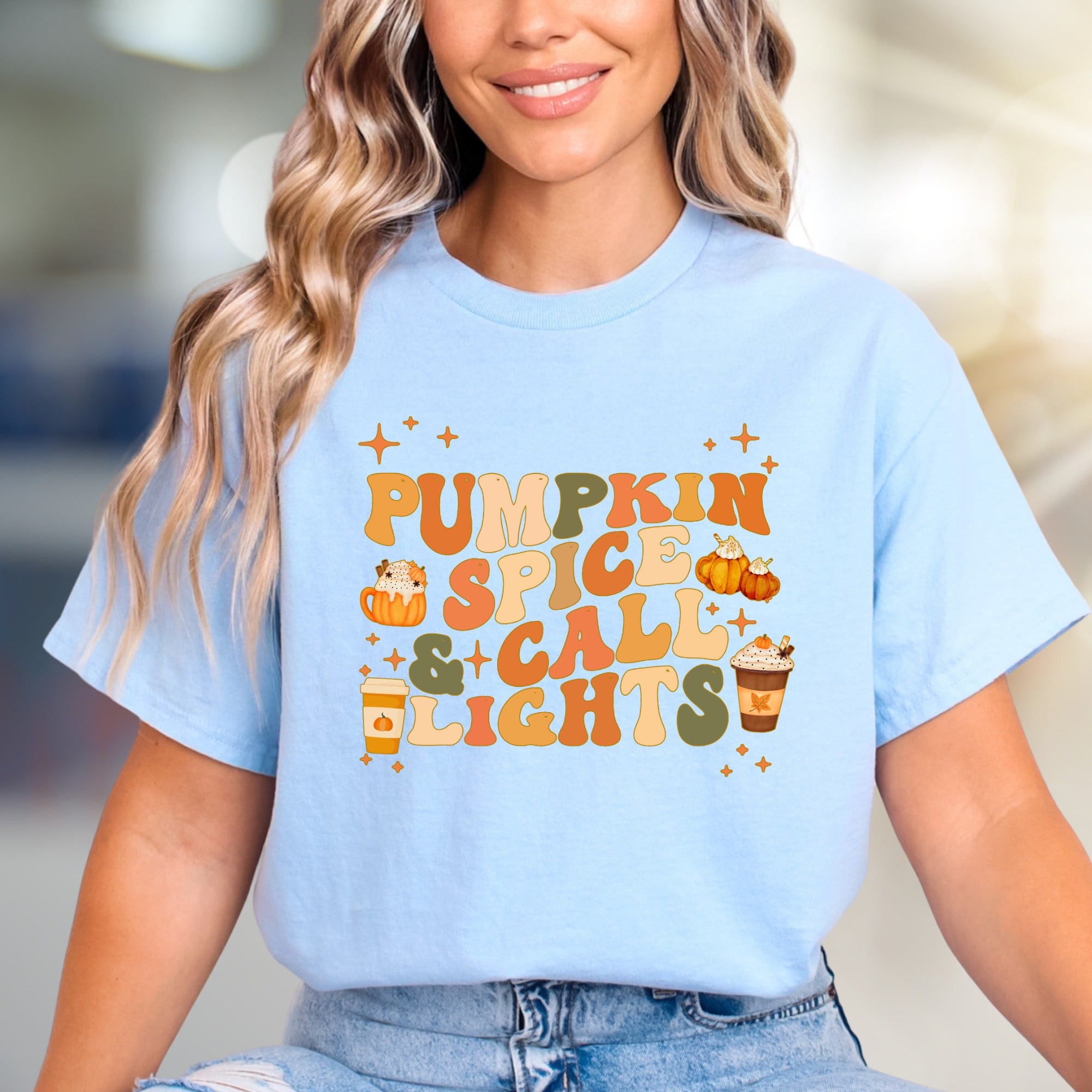 "Pumpkin Spice & Call Lights" Retro Fall Graphic Tee, a Seasonal Comfort Pick for Autumn Lovers
