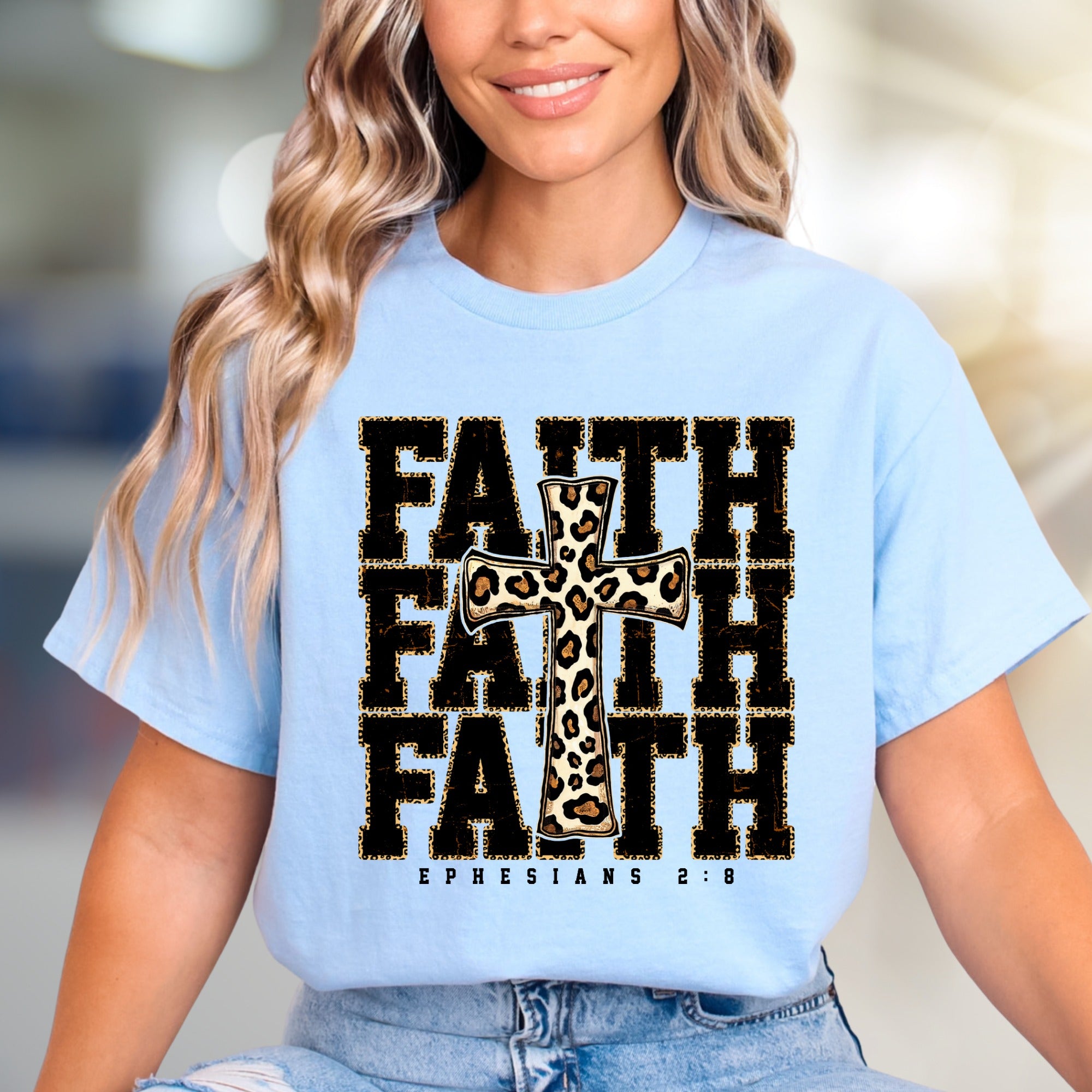 "Faith Ephesians 2:8" Leopard Print Cross Graphic Tee, a Spiritual Boho Pick for Believers