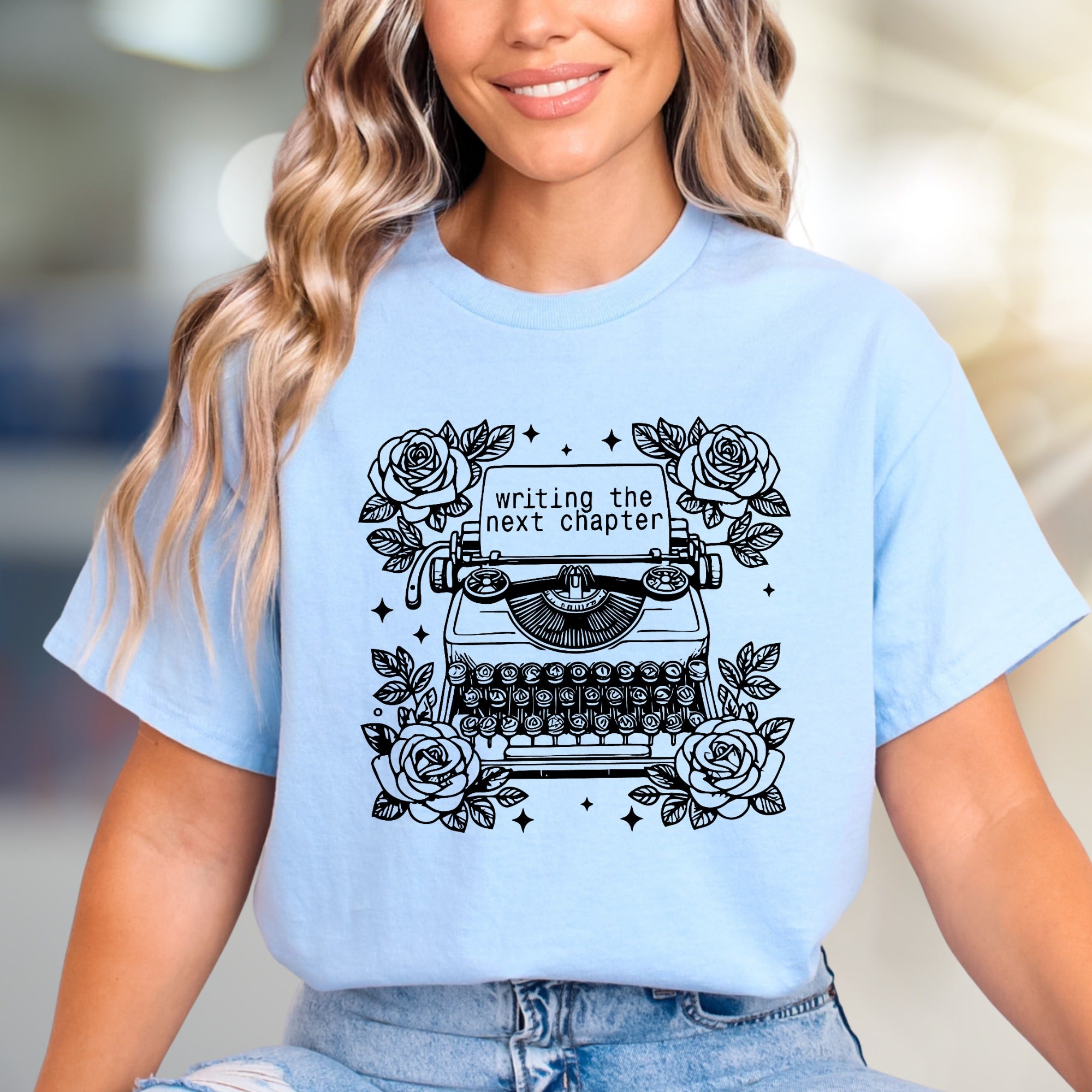 "Writing The Next Chapter" Typewriter Graphic Tee, a Creative Literary Pick for Authors