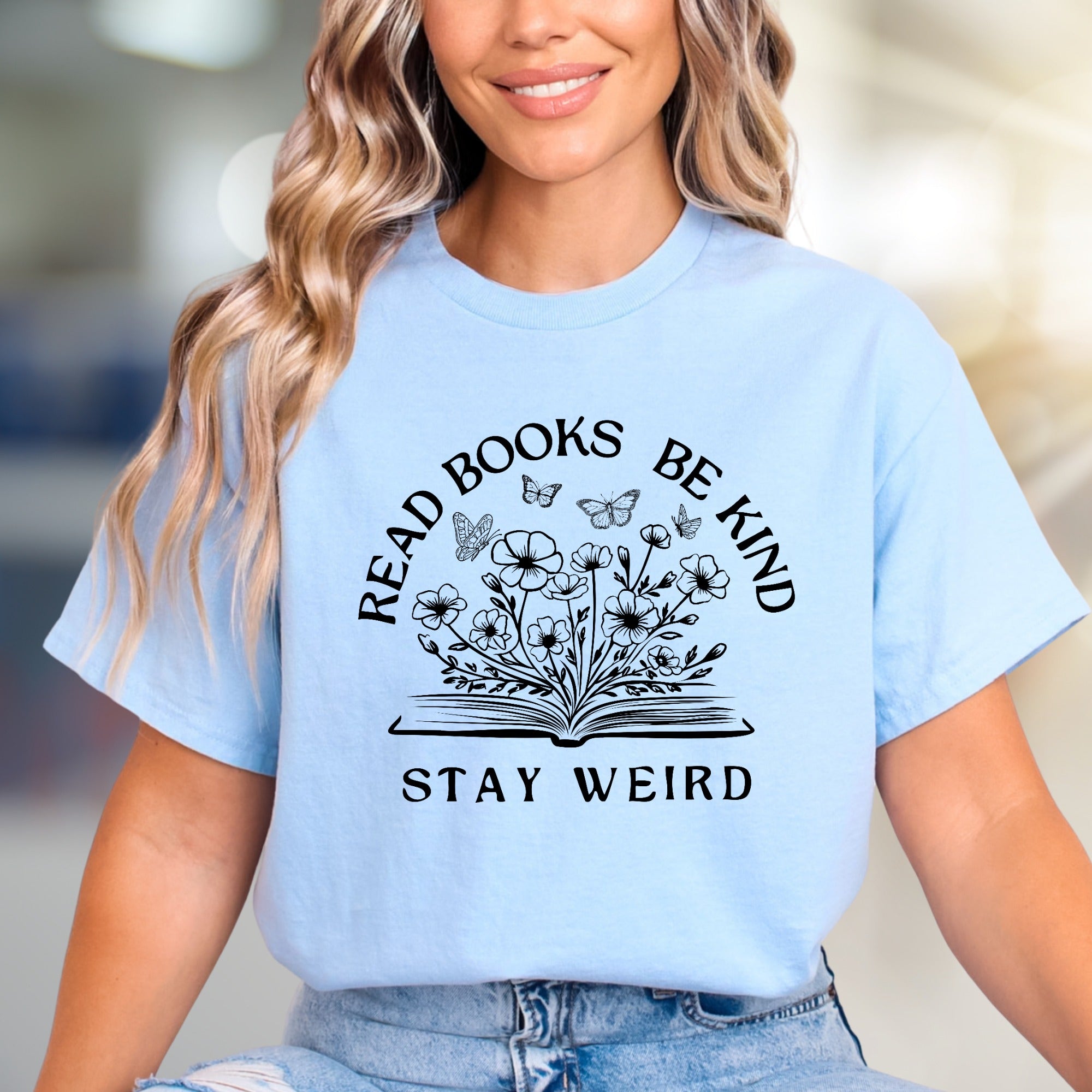 "Read Books Be Kind Stay Weird" Book & Floral Graphic Tee, a Quirky Literary Pick for Book Lovers