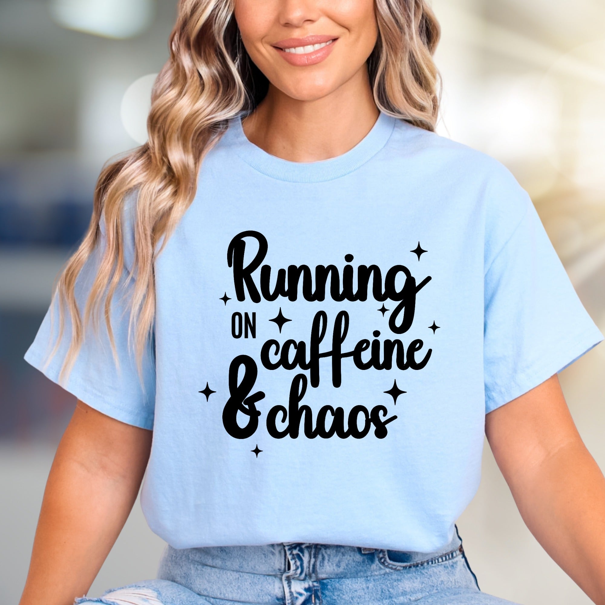 "Running on Caffeine & Chaos" Graphic Tee, a Witty Pick for Coffee Lovers
