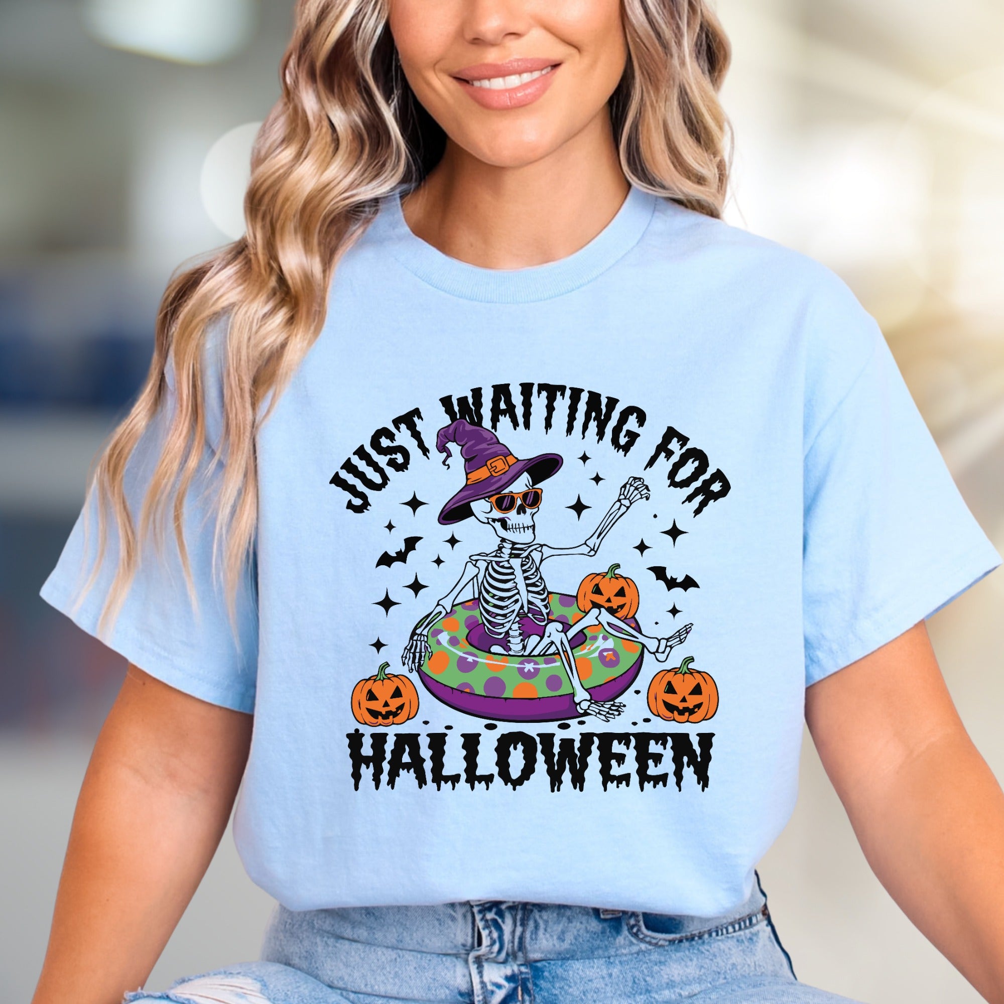 "JUST WAITING FOR HALLOWEEN" Spooky Skeleton Graphic Tee, a Funny Holiday Pick for Spooky Season Lovers