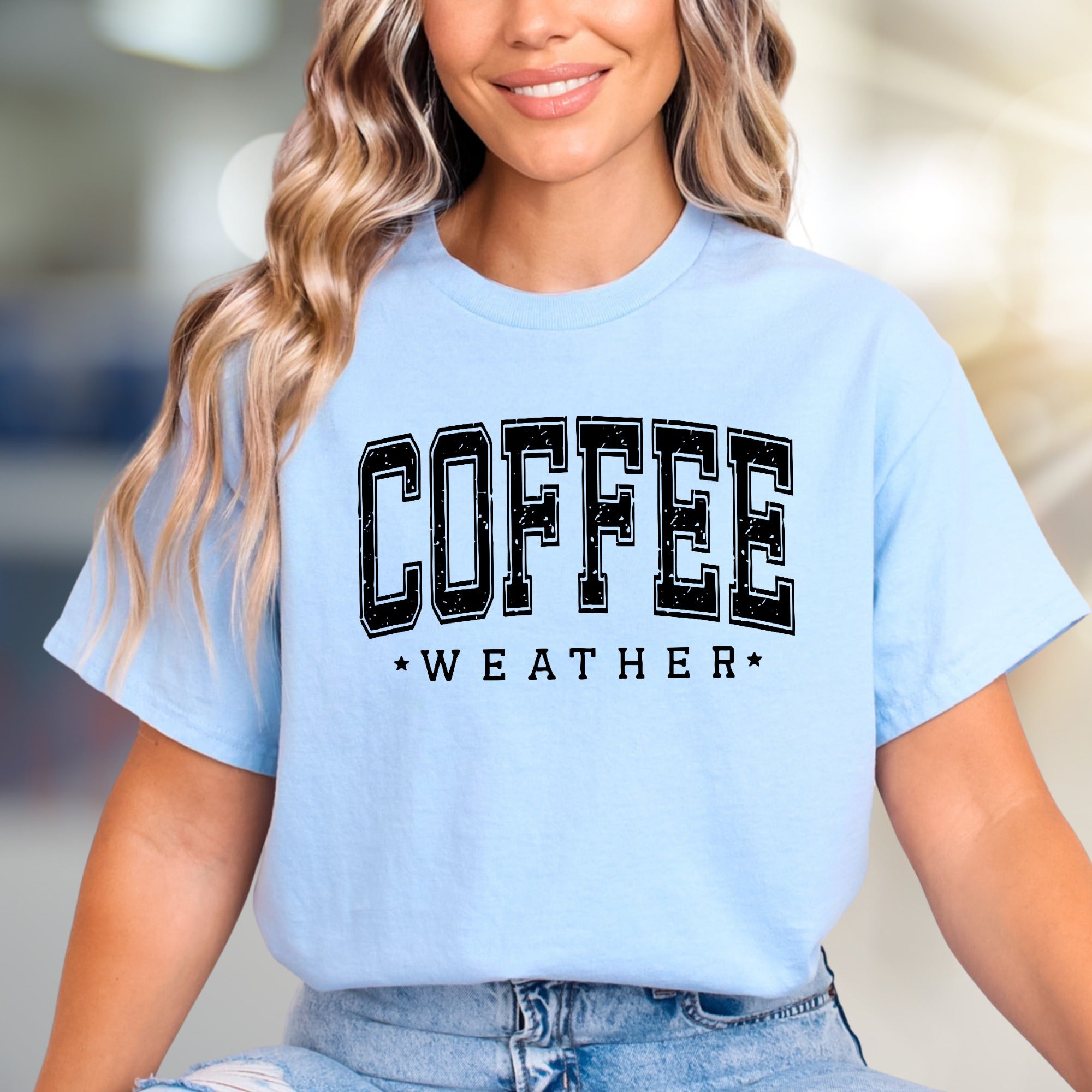 "Coffee Weather" Rustic Collegiate Graphic Tee, a Cozy Pick for Beverage Lovers
