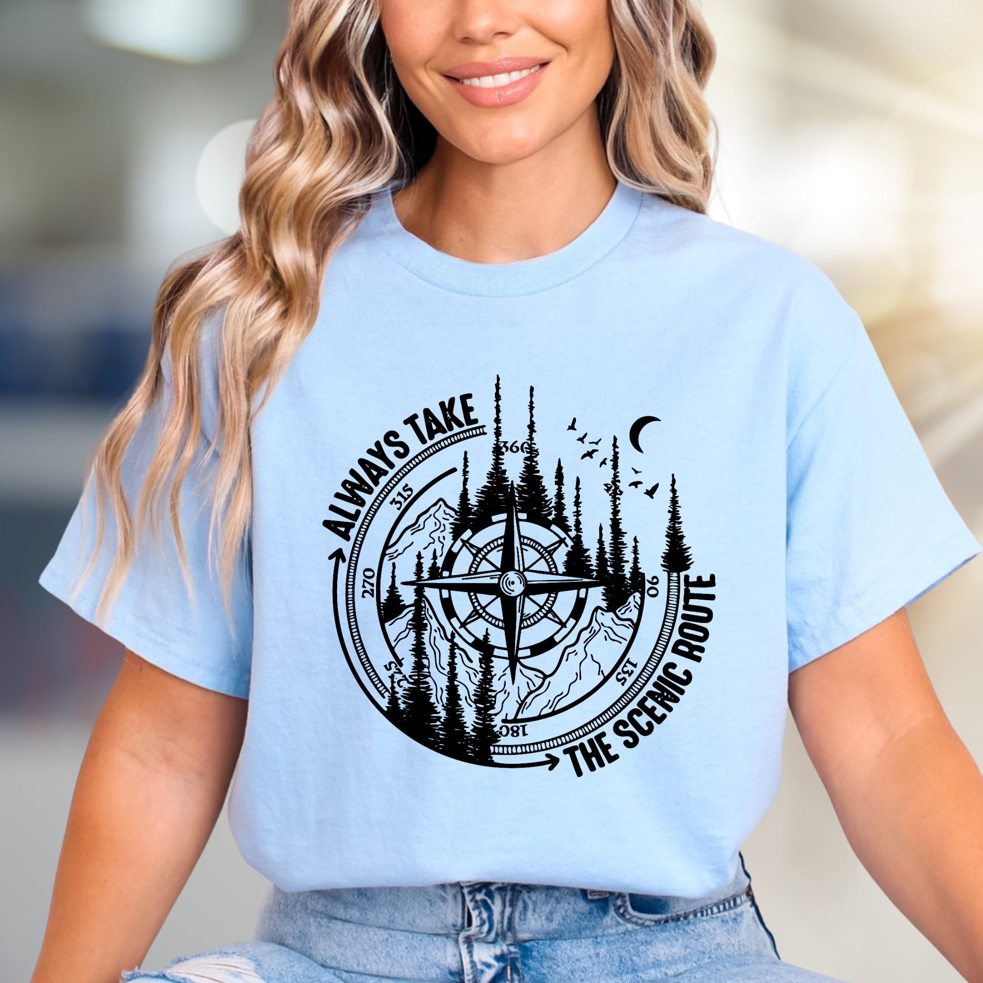 "Always Take The Scenic Route" Wilderness Compass Graphic Tee, an Adventure Enthusiast Pick for Outdoor Lovers