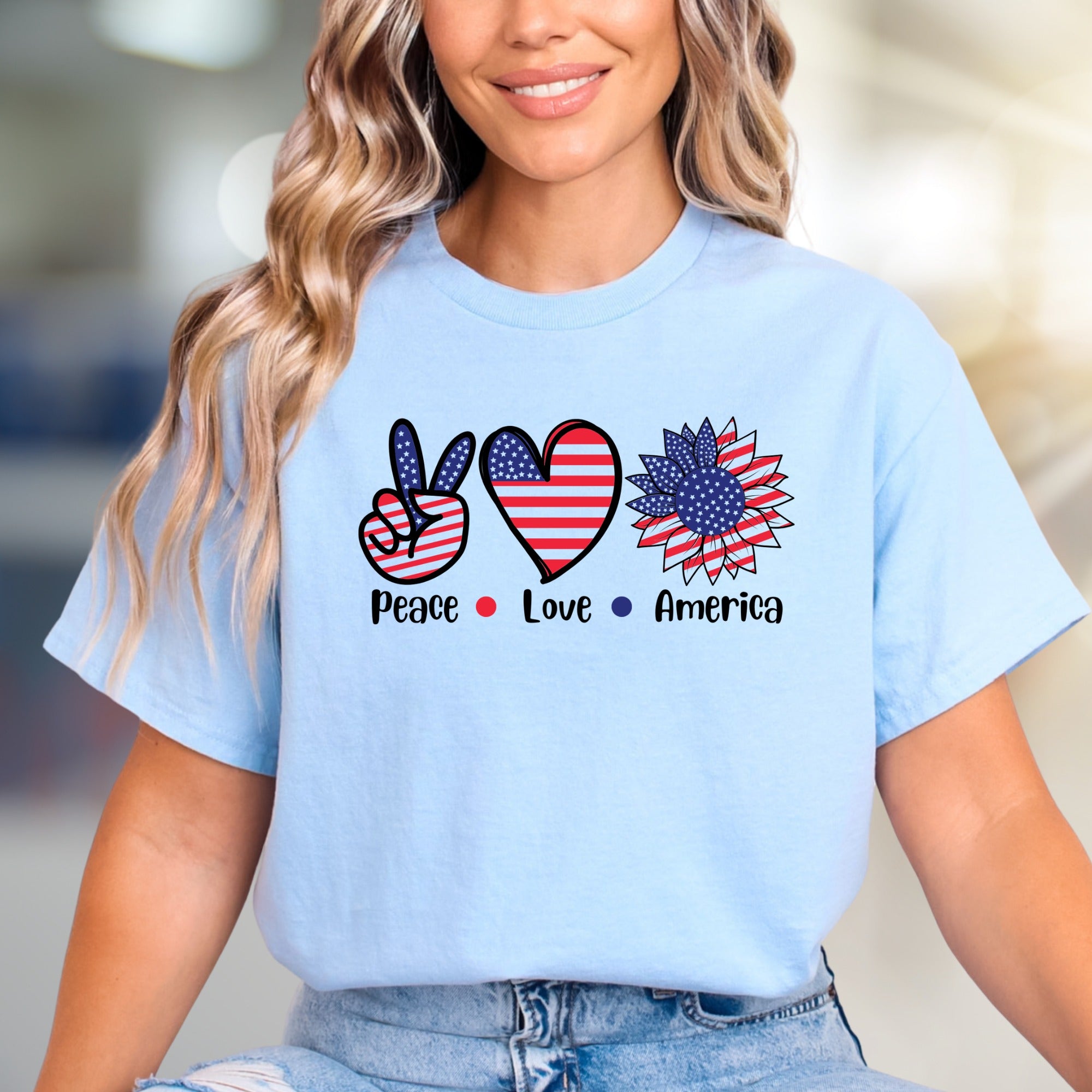 "Peace Love America" Patriotic Sunflower Graphic Tee, a Summer Celebration Pick for Everyone