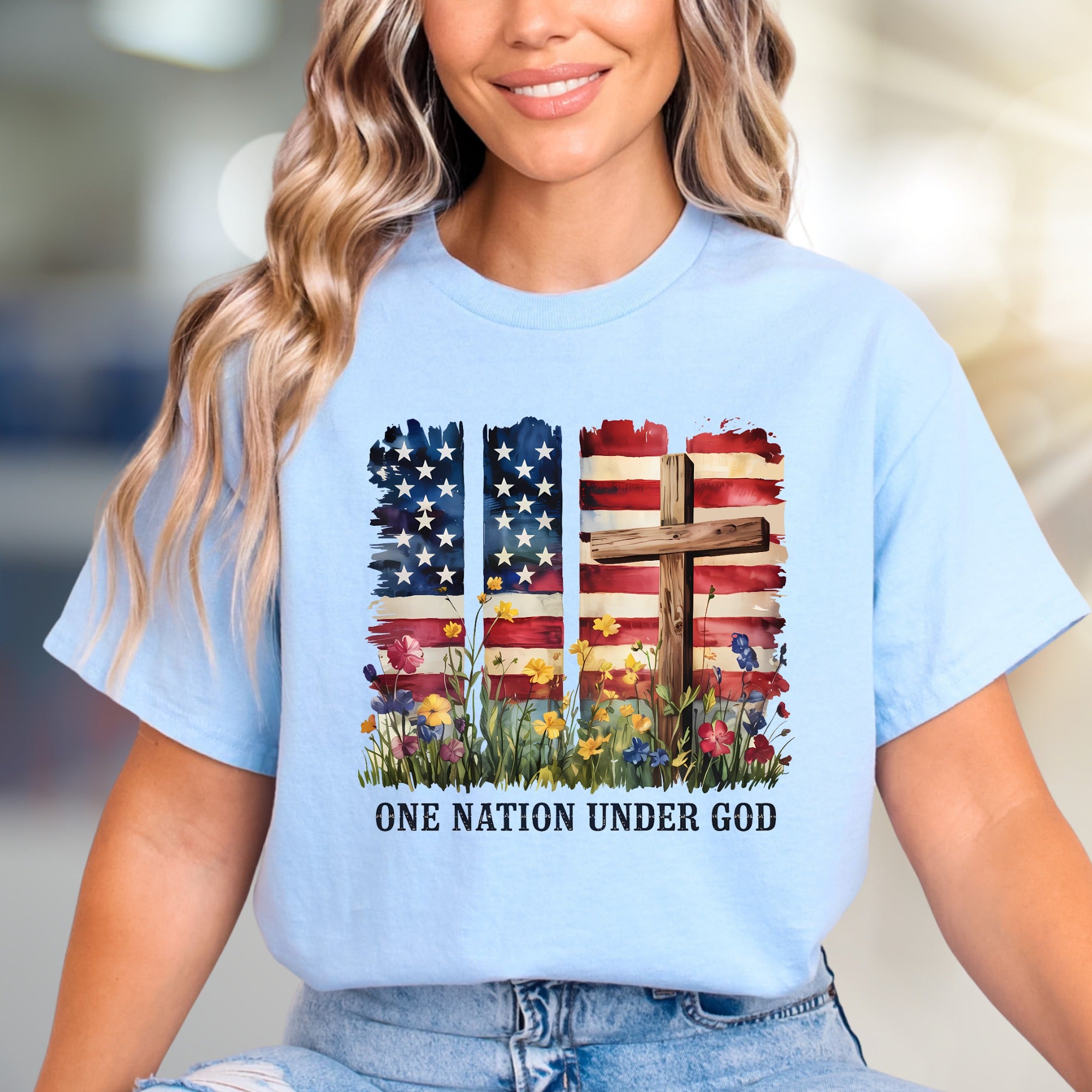 "ONE NATION UNDER GOD" Patriotic Floral Graphic Tee, A Faith-Inspired Statement for Believers