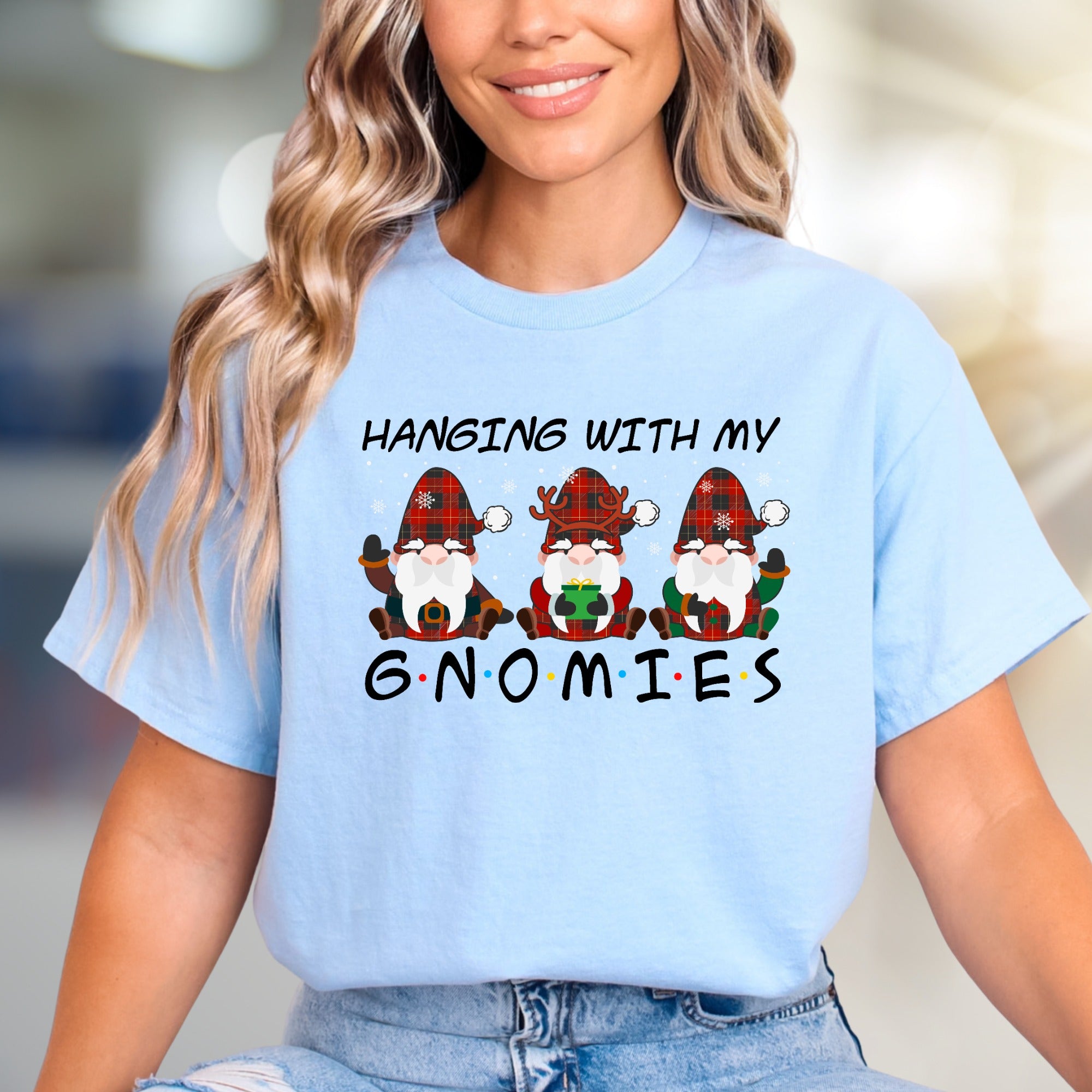 "Hanging With My Gnomies" Festive Plaid Gnomes Graphic Tee, a Whimsical Pick for Holiday Fun